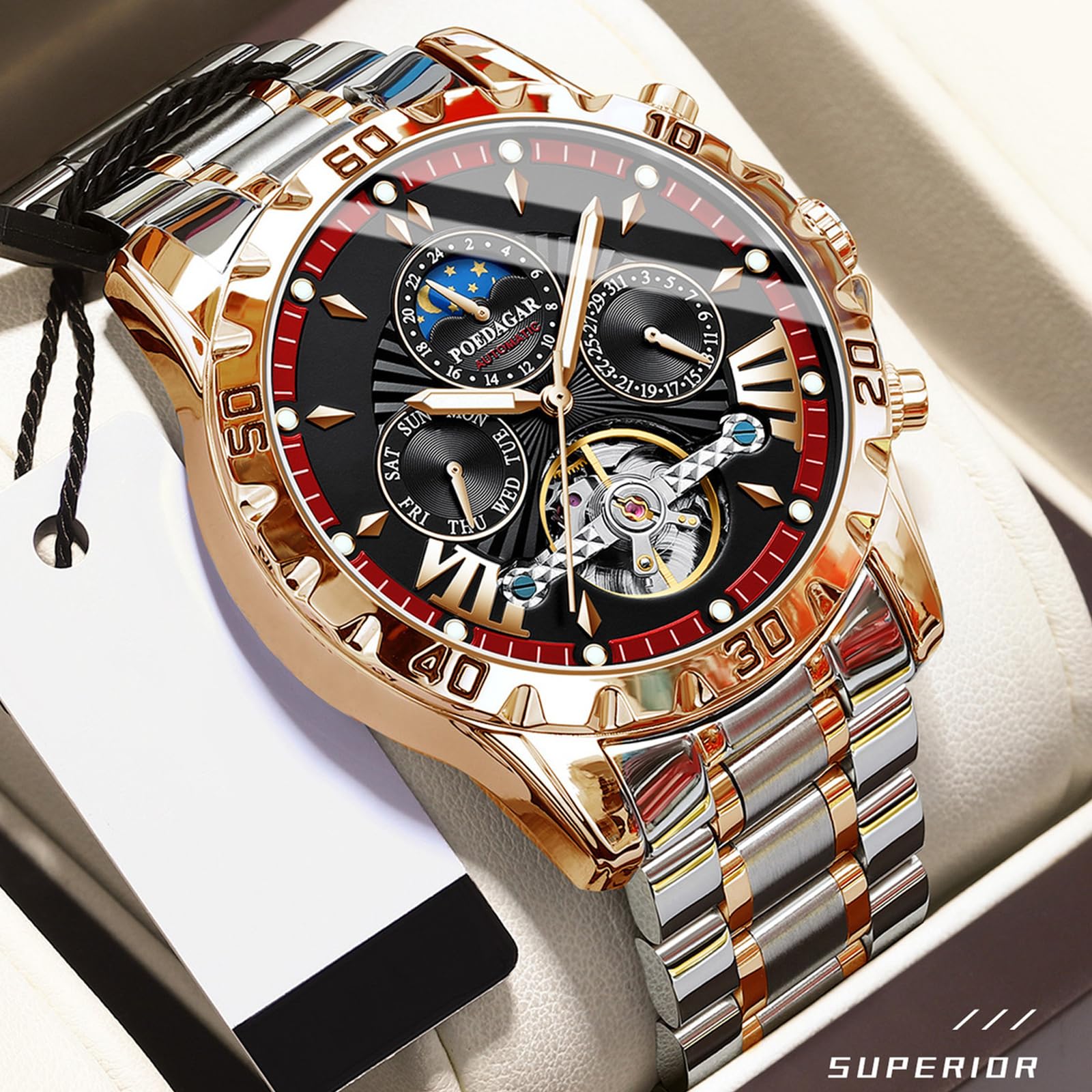 FORSINING Orologio da uomo Tourbillon automatico a carica manuale, cinturino in acciaio inox, fase lunare, orologi meccanici, visualizzazione della data analogica
