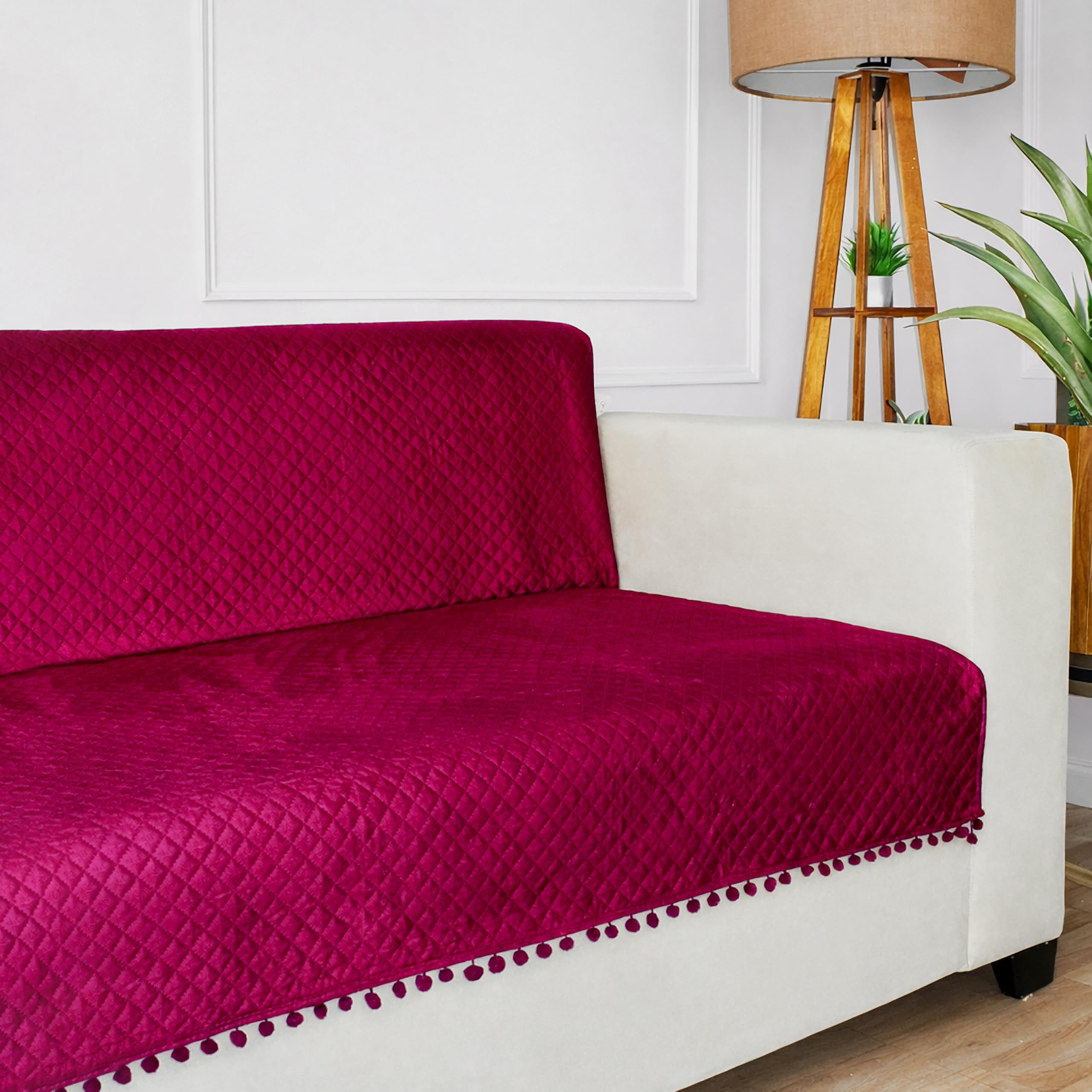 STITCHNEST 'Maison Plush Series' Quilted Velvet Sofa Cover 2 Seater Fully Covered | Premium Soft Fabric, Washable & Fade Resistant | Maroon Sofa Protector with Pompom | Size 48x60 Inch