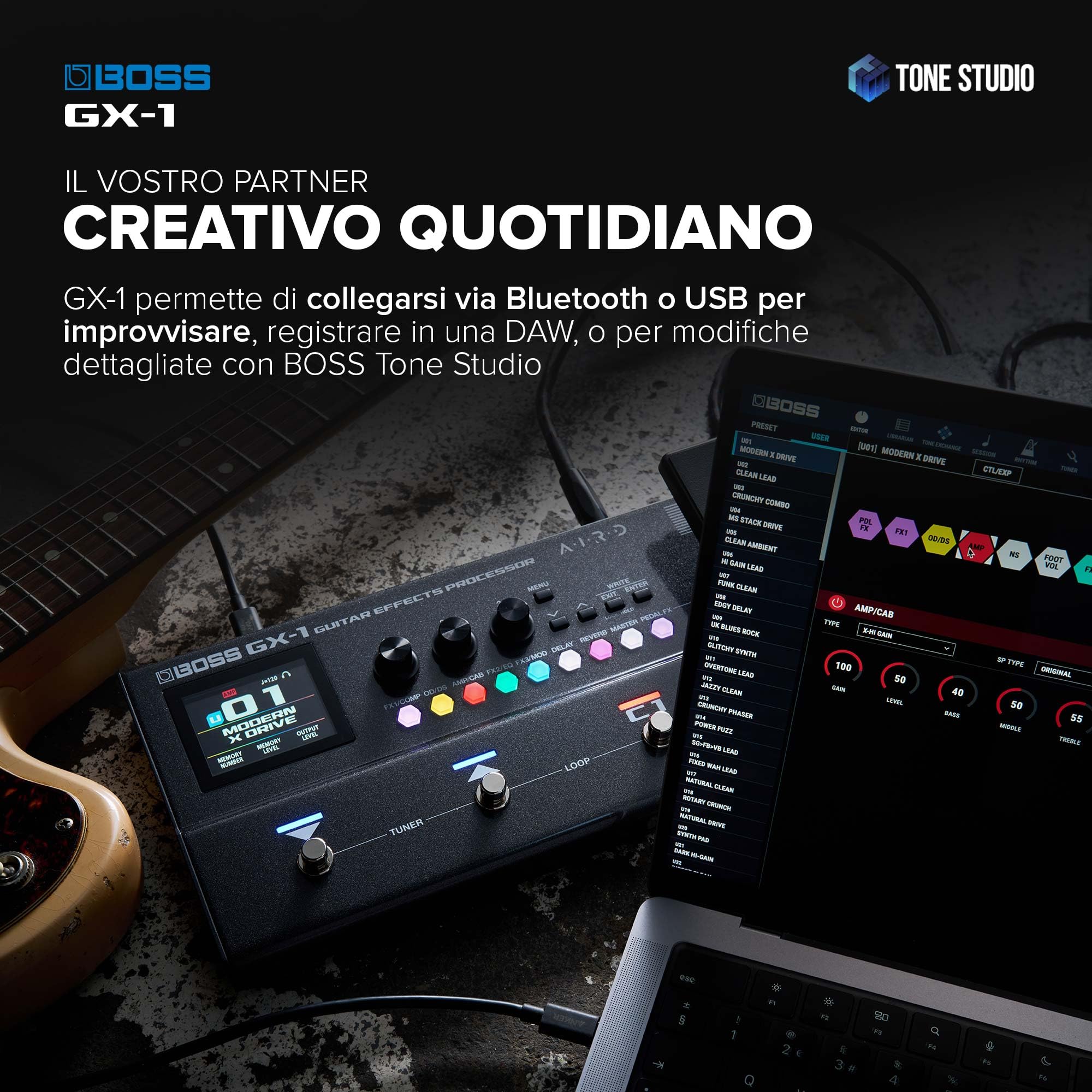 BOSS GX-1 | Processore di effetti per chitarra ultra-portatile | Ricco di ampli ed effetti iconici | Generatore sonoro AIRD di alta qualità | Ideale per i chitarristi principianti