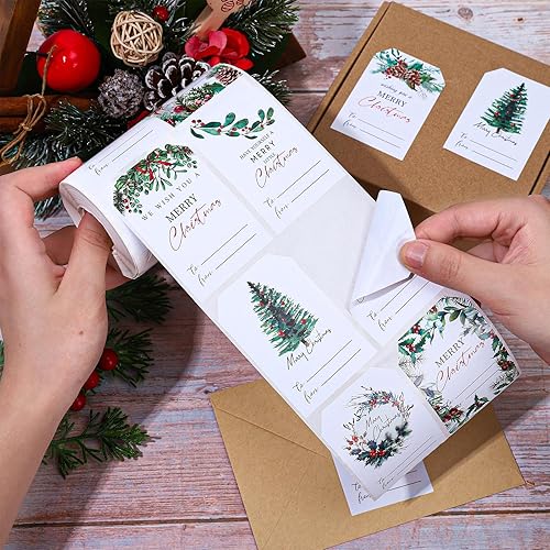 Miniatura 3 de AnyDesign - 500 etiquetas de regalo de papel de Navidad, 8 estilos, etiquetas autoadhesivas para plantas de acuarela, etiquetas de nombre de