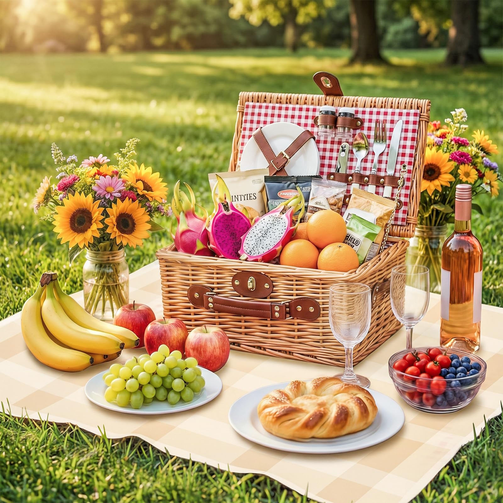 Wicker Picnic Basket Cestino da Picnic in Vimini per 2 Persone – Set Picnic con Vano Isotermico, Piatti, Posate, Bicchieri da Vino, Cavatappi – Perfetto per Spiaggia, Campagna, Parco & Regalo BBQ