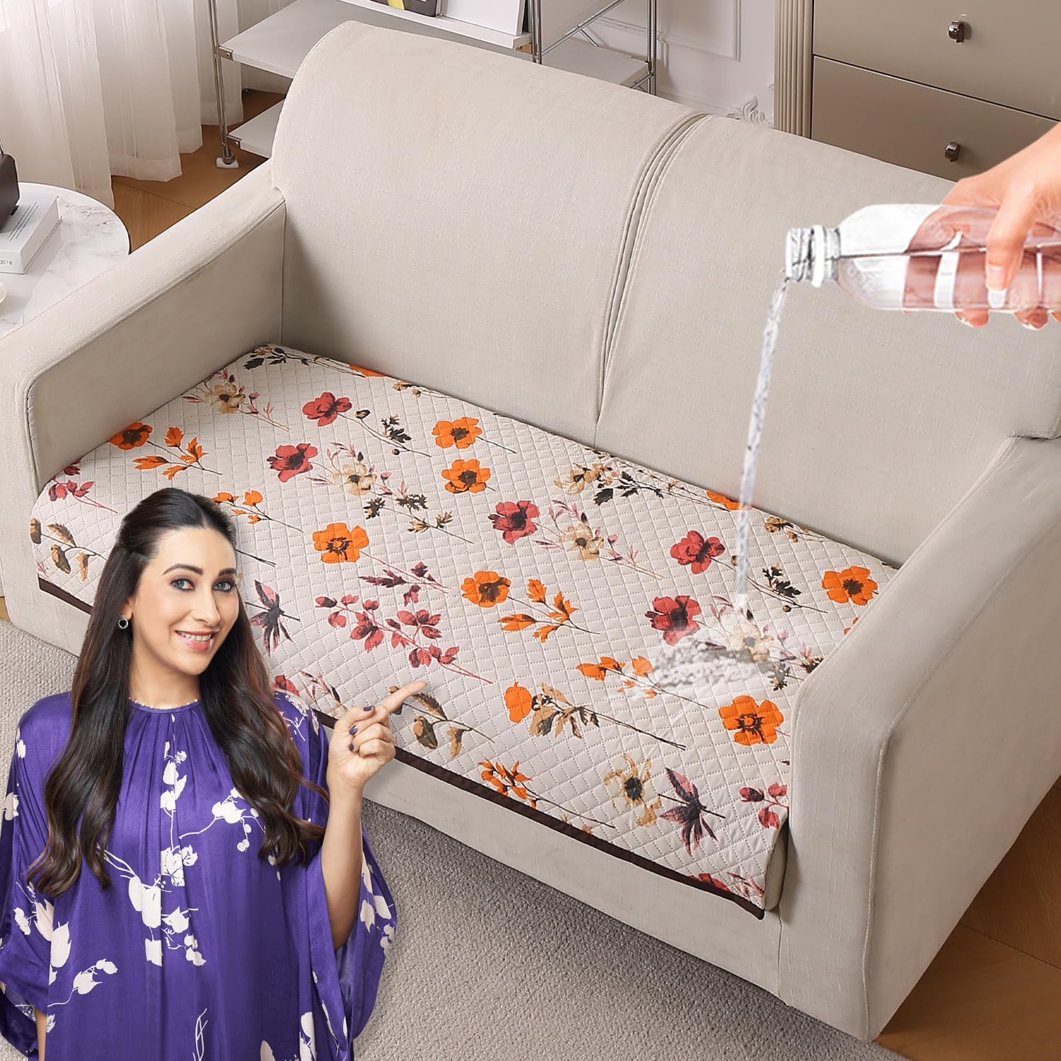 Beige Peony Sofa Cover - L Shape 5 Seater -22
