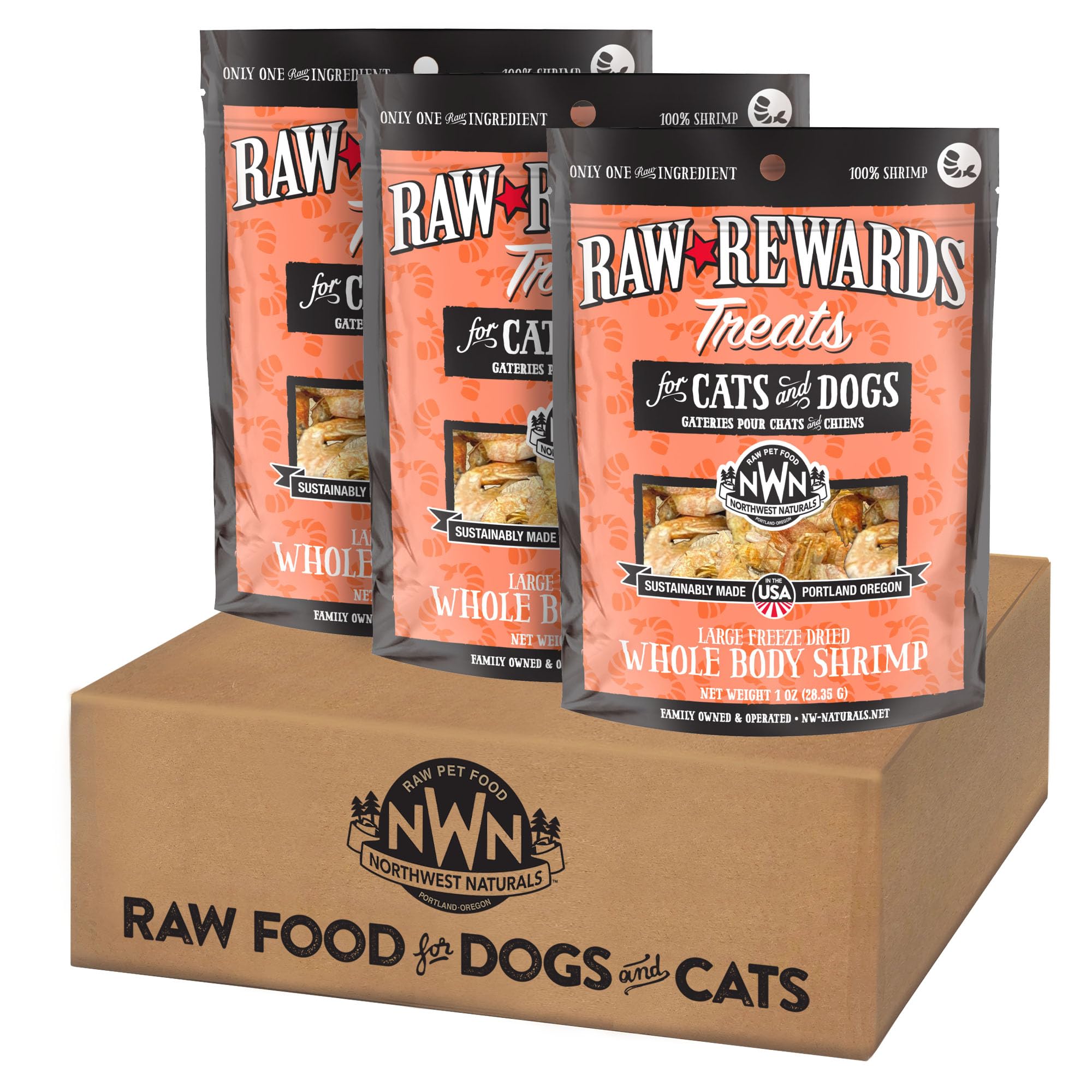 Northwest Naturals Raw Rewards Freeze-Dried Shrimp Treats for Dogs and Cats - Bite-Sized Pieces - Healthy, 1 Ingredient, Human Grade Ingredients, All Natural, Proudly Made in USA, 1 Oz (Pack of 3)
