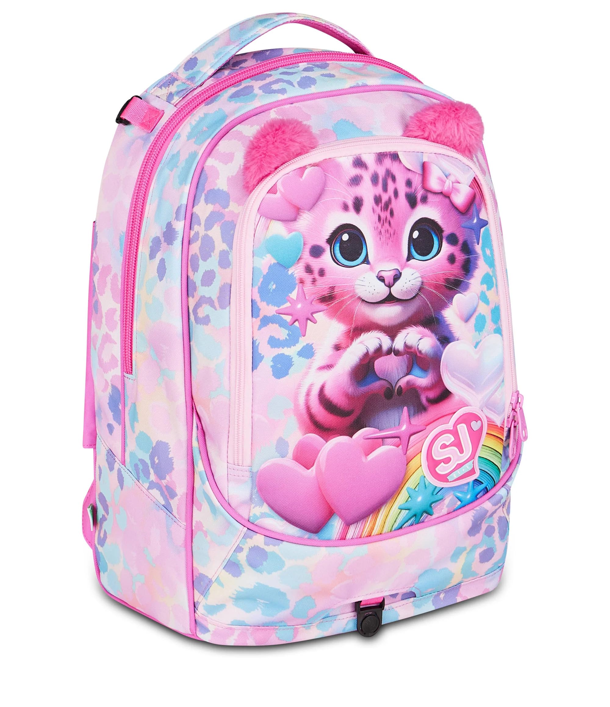 Trolley Scuola Jack 8 Ruote con zaino staccabile Hearth Buddy Girl Gattino, 3 in 1 per Scuola Elementare Bambina + Astuccio 3 zip con cancelleria + 7 penne a scatto e portachiave pailettes