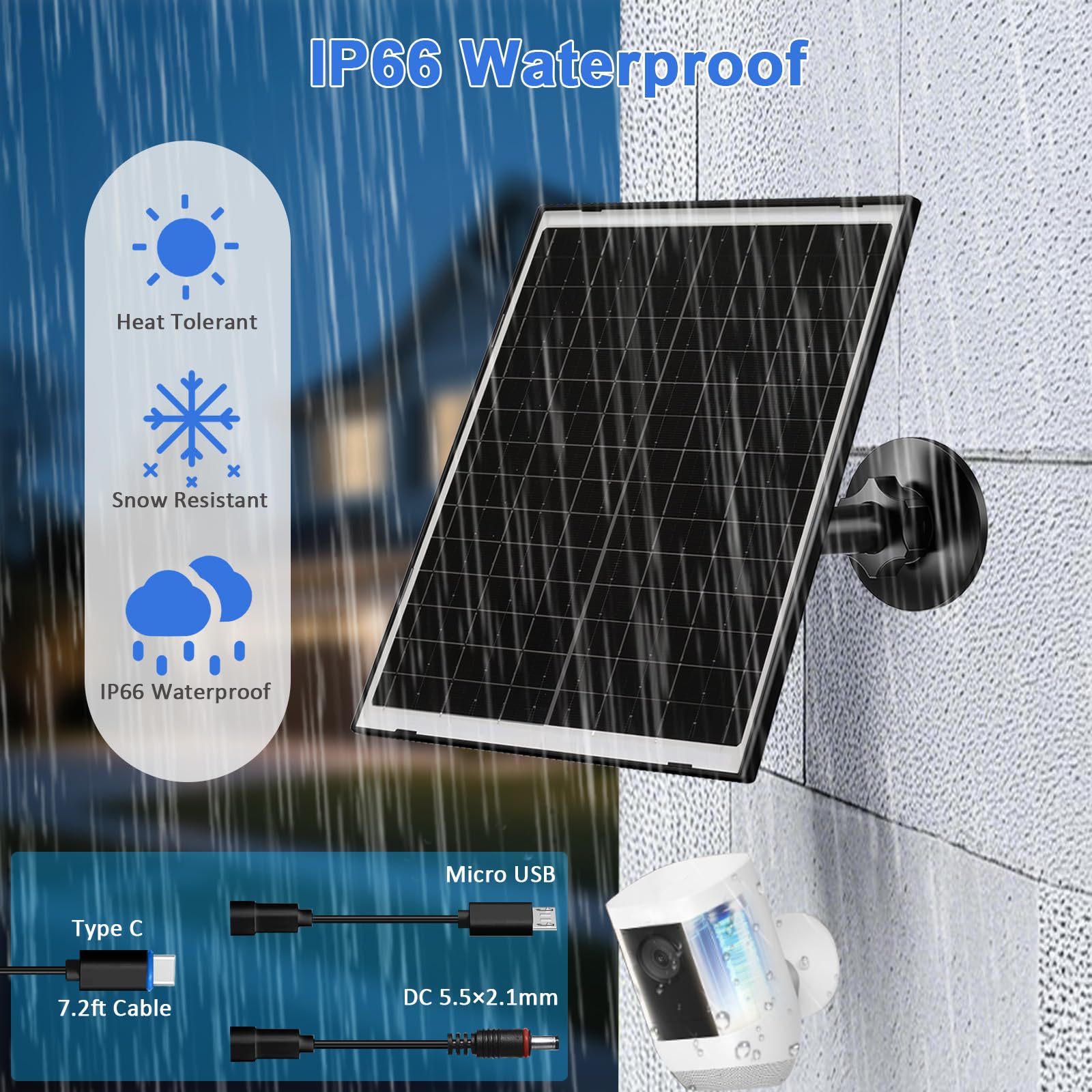 FUTUREZEN Panneau solaire 10 W pour caméra de sécurité, caméra de trail, appareil de type C, chargeur solaire avec USB-C, micro USB et port CC 5,5 x 2,1 mm, étanche IP66, support réglable, câble de
