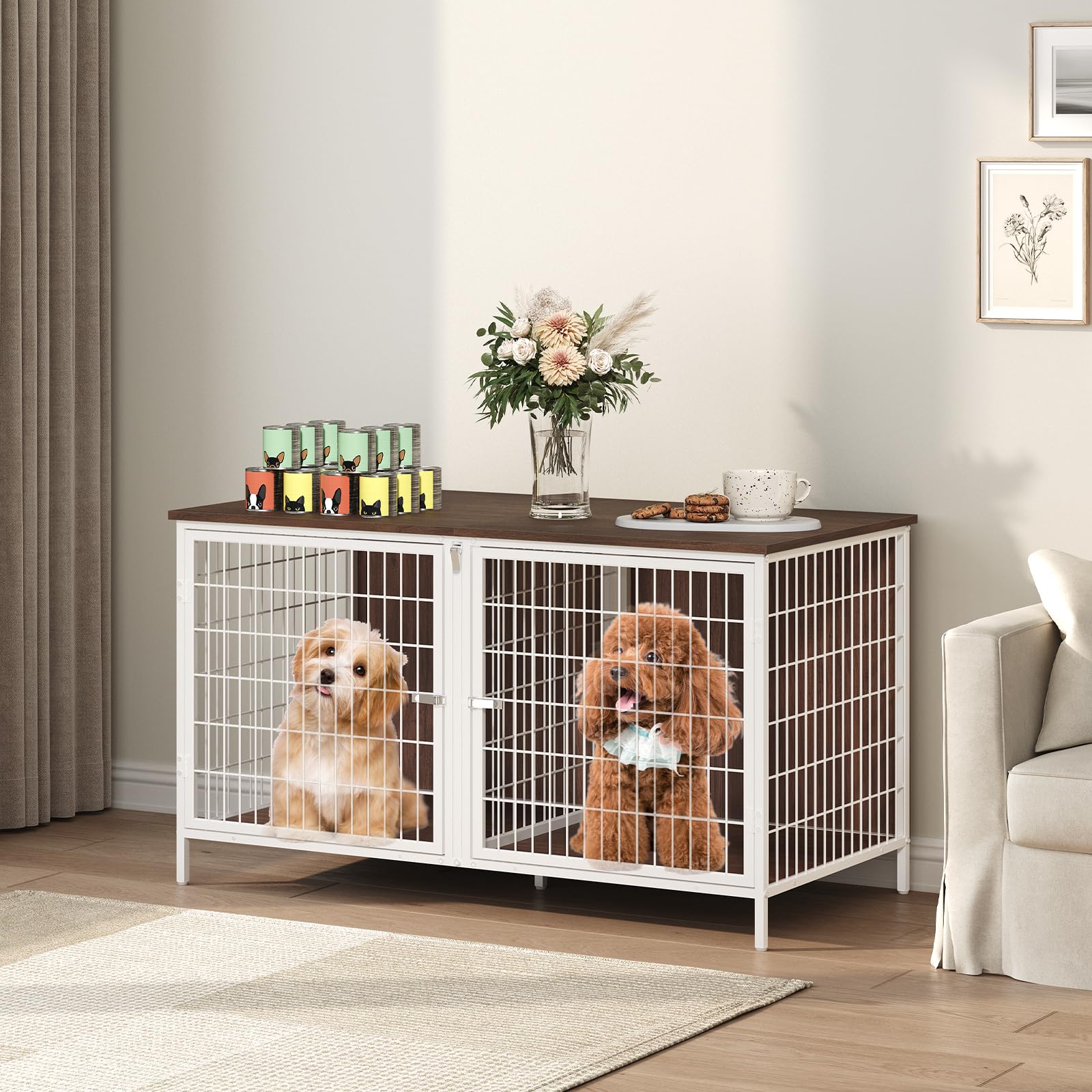 MAHANCRIS Dog Crate Furniture for 2 Dogs, 43.3" Dog Kennel with Removable Divider, Heavy Sturdy Dog Furniture Style Double Cage for Small Medium Dogs, Indoor Pet House End Table, White and Walnut