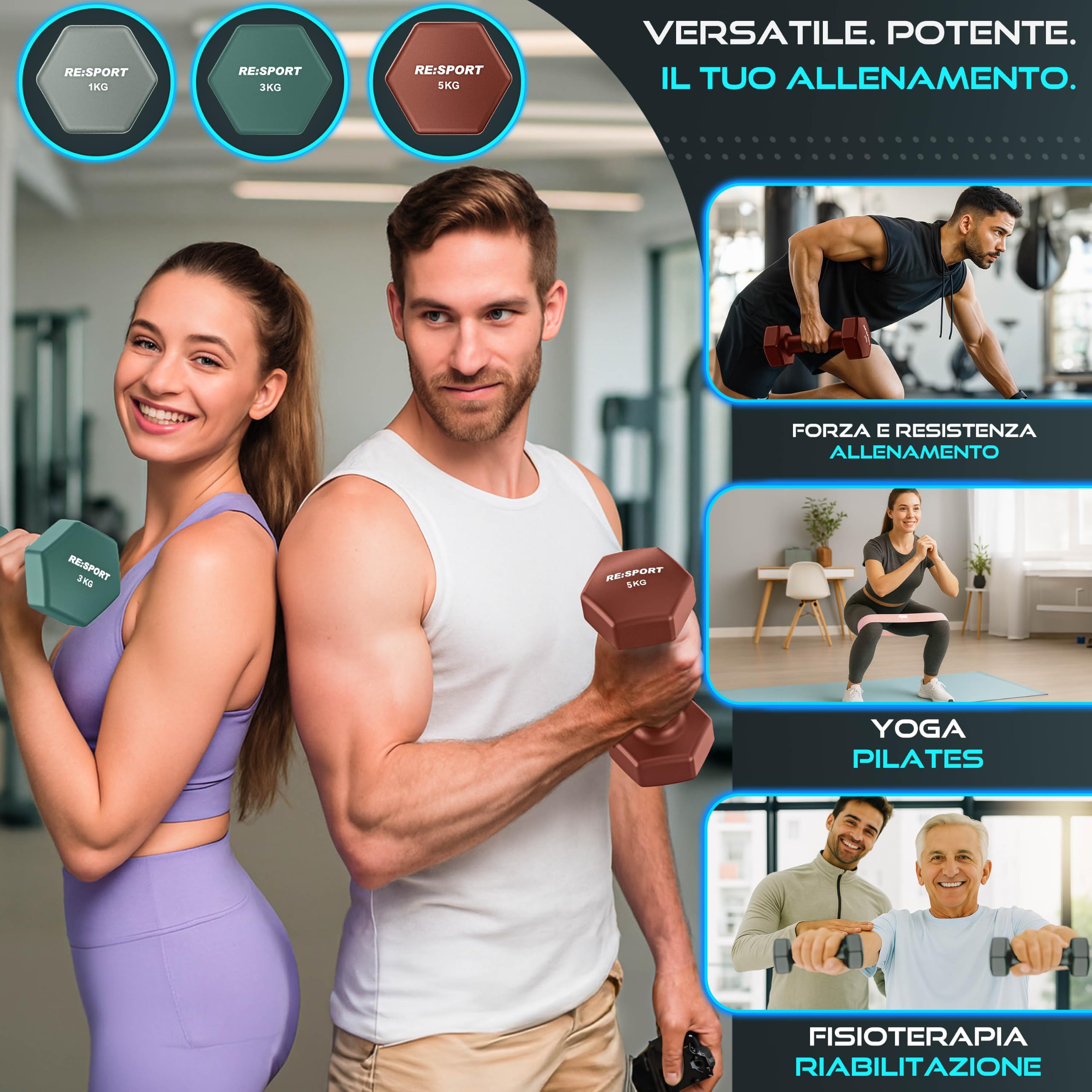 RE:SPORT® Set di manubri da 3 paia, da 1 kg a 5 kg, 12 kg o 18 kg, con supporto e 3 fasce da fitness, manubri corti antiscivolo in neoprene per uomo e donna, set di manubri