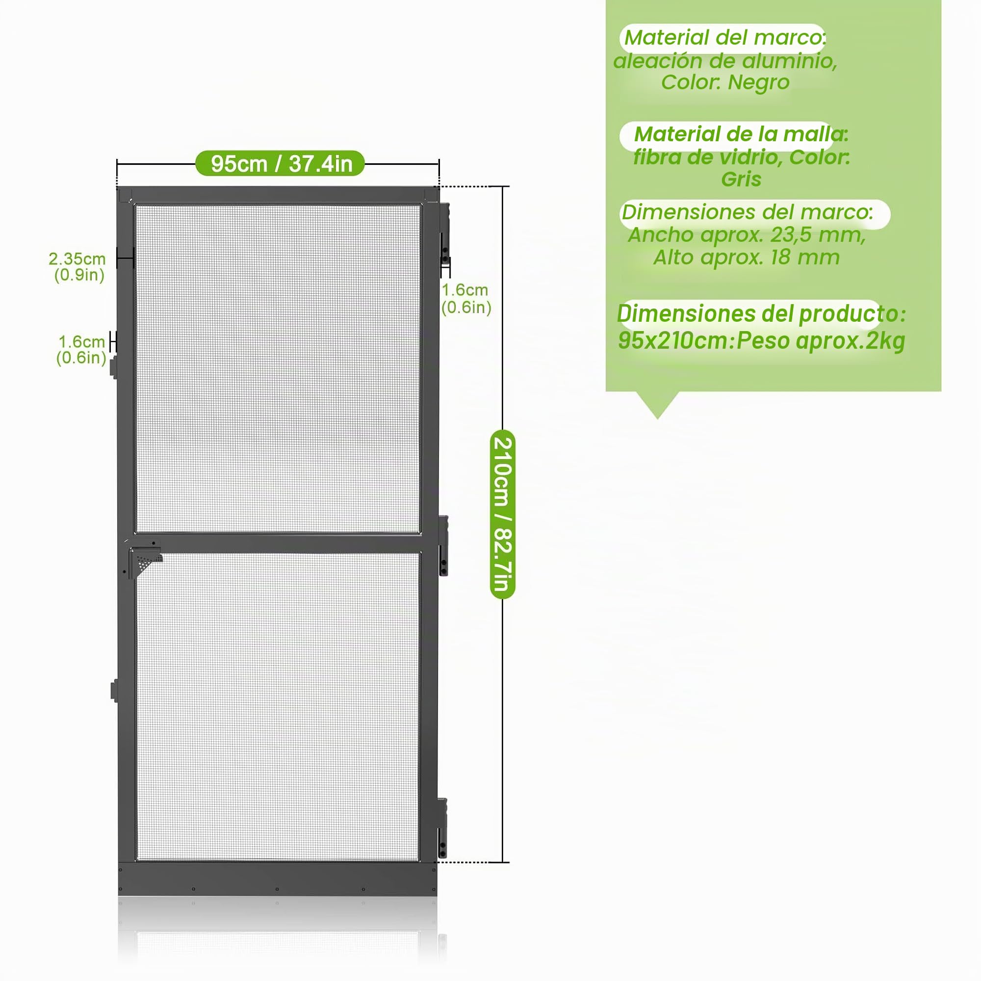UISEBRT Mosquitera para puerta con marco de aluminio, tejido de fibra de vidrio, 95 x 210 cm, color negro