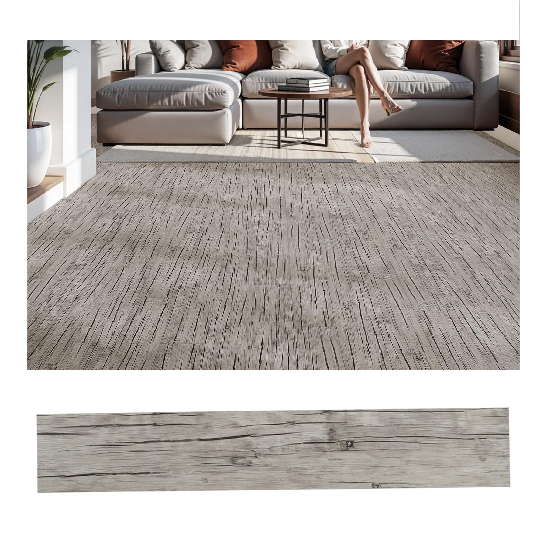 Warmiehomy Peel and Stick Floor Tiles 36 PCS 5㎡ Floor Tiles Self Adhesive Wood Grain Vinyl Flooring 36x6 Inch Waterproof Self Adhesive Floor Tile for Bedroom, Living Room, Kitchen(Natural Cracked) — image 1