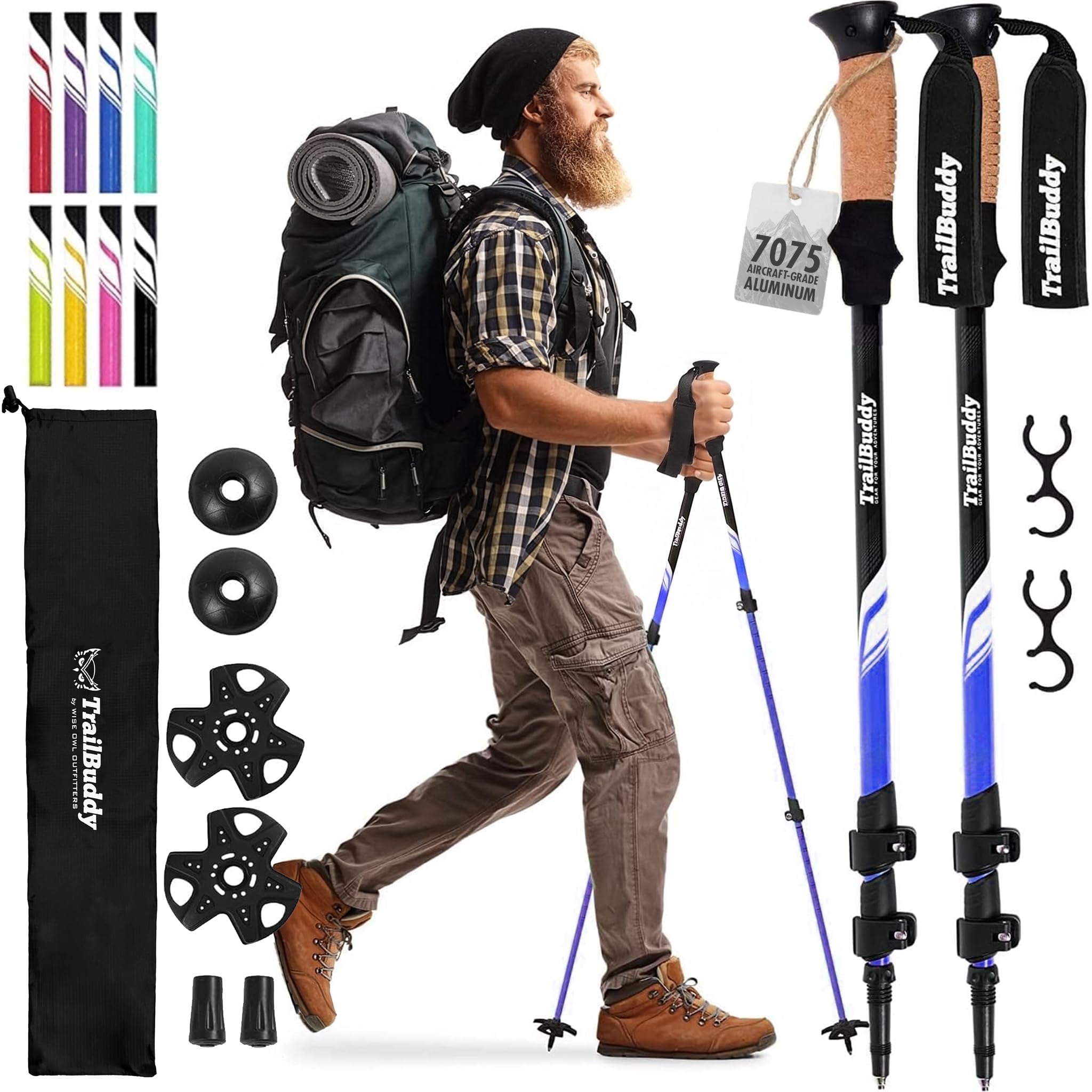 TrailBuddy Trekking Poles – Lightweight 7075 Aluminum Hiking Poles for Women, Men & Seniors – Collapsible Walking Sticks for Travel, Trails & Balance Blue Lake Collapsible