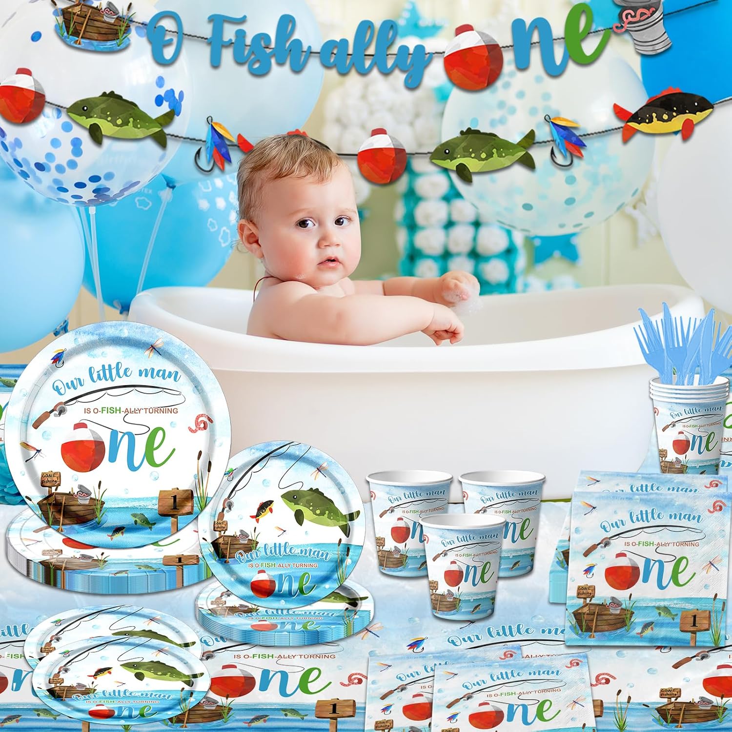 Ofishally One Birthday Decorations,142Pcs Gone Fishing 1st Birthday Party Supplies Our Little Man Is Ofishally Turning Plates Napkins Cups Tablecloth for O Fishally One First birthday Party Supplies - Image 5