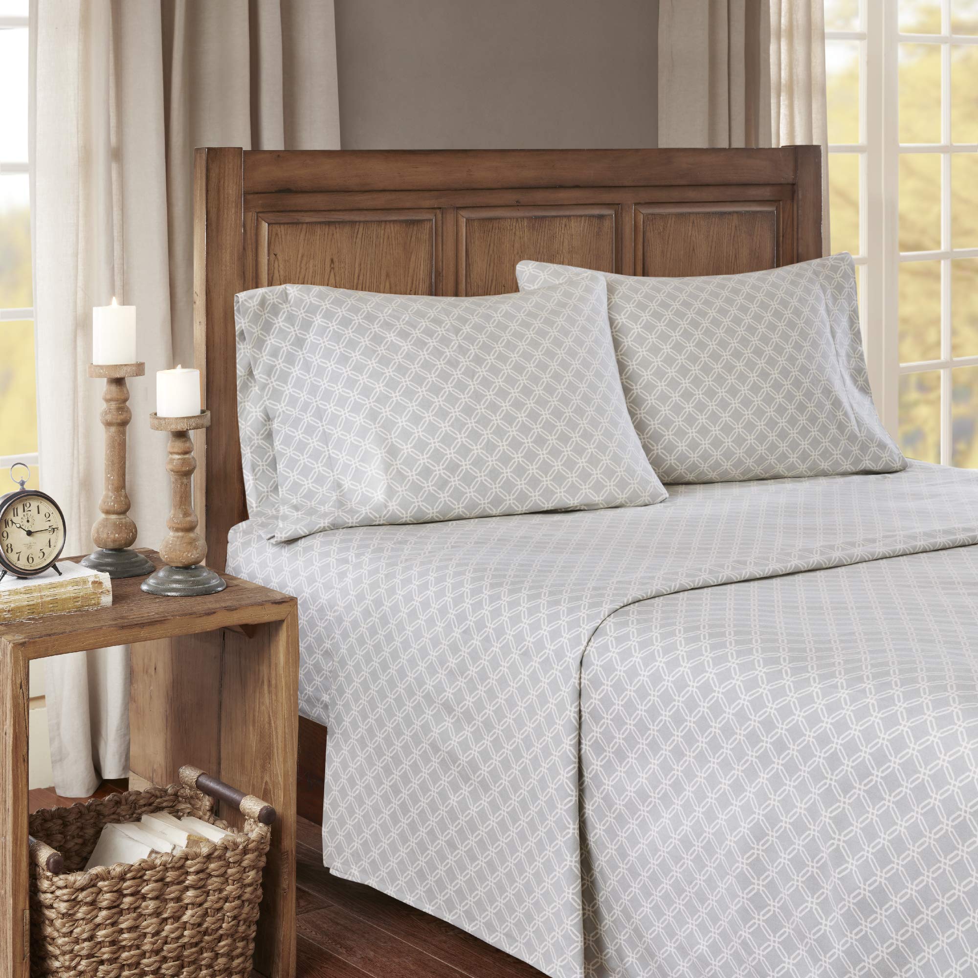 Sleep Philosophy True North Cozy Flannel Warm 100% Cotton Sheet - Novelty Print Animals Stars Cute Ultra Soft Cold Weather Bedding Set, Full, Grey Geo 4 Piece