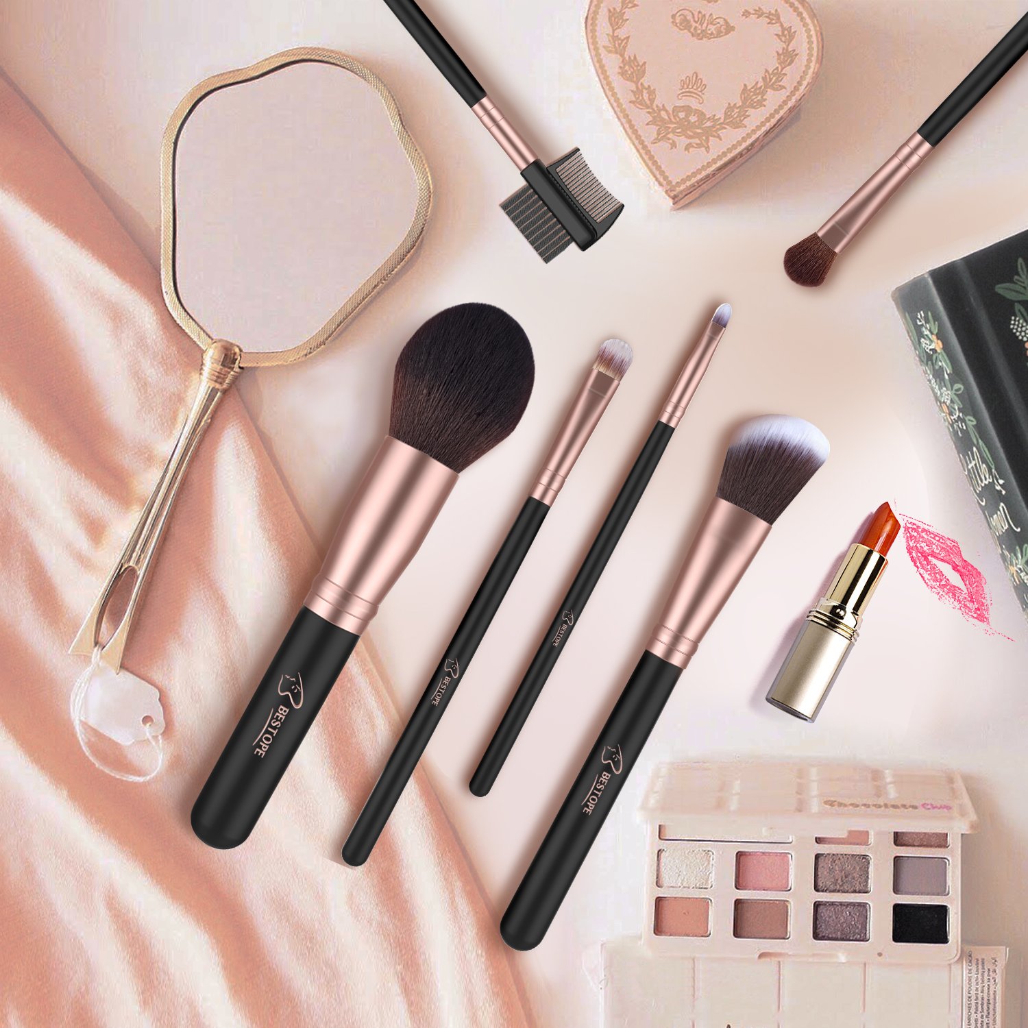 BESTOPE 18 Pcs Makeup Brushes Premium Synthetic Fan Foundation Powder Kabuki Brushes Concealers Eye Shadows Make Up Brushes Kit, Rose Gold