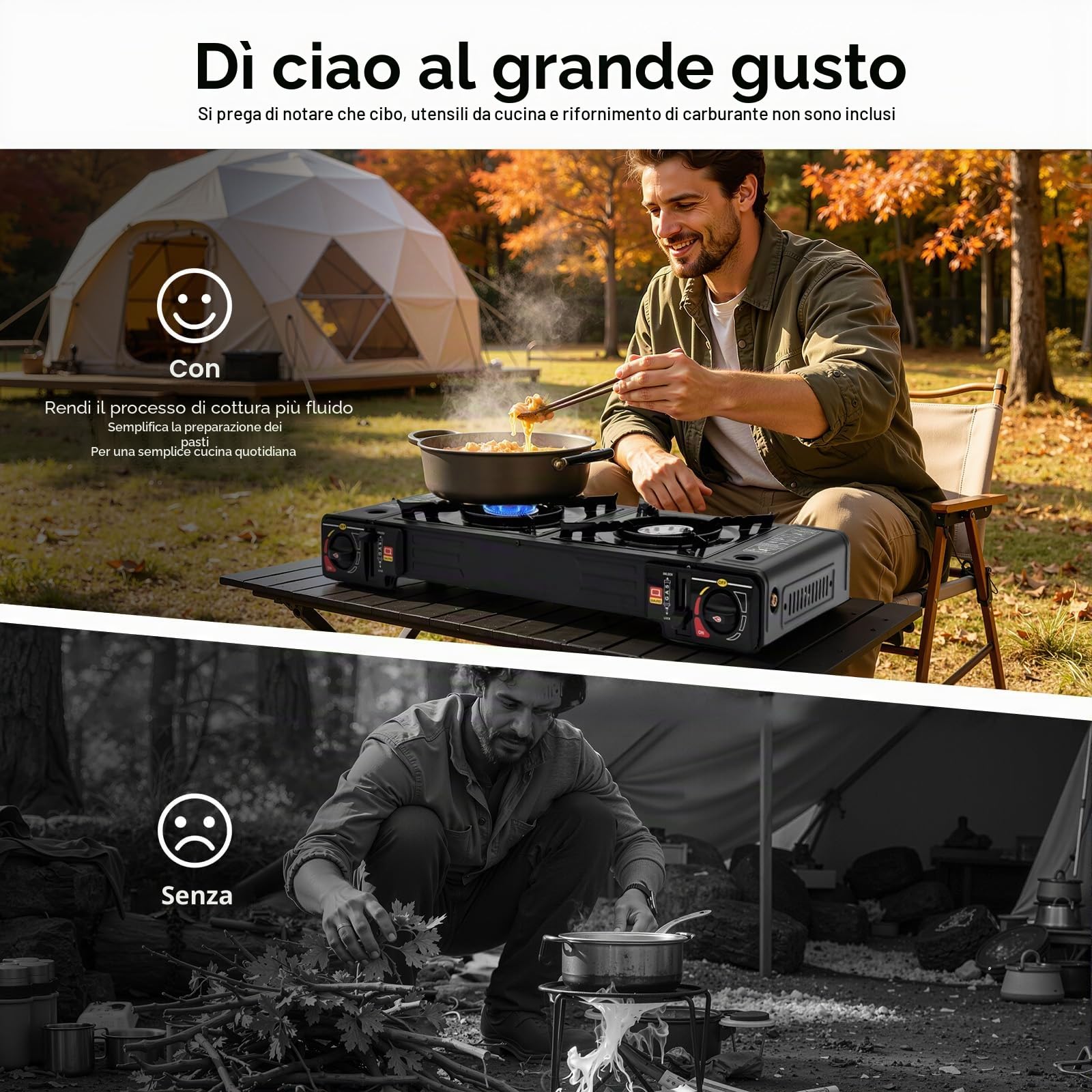 Fornello a gas da campeggio a 2 fuochi, butano con stoccaggio, stufa da campeggio portatile, accensione piezoelettrica automatica, bruciatore da campeggio LPG per camper, appartamenti,