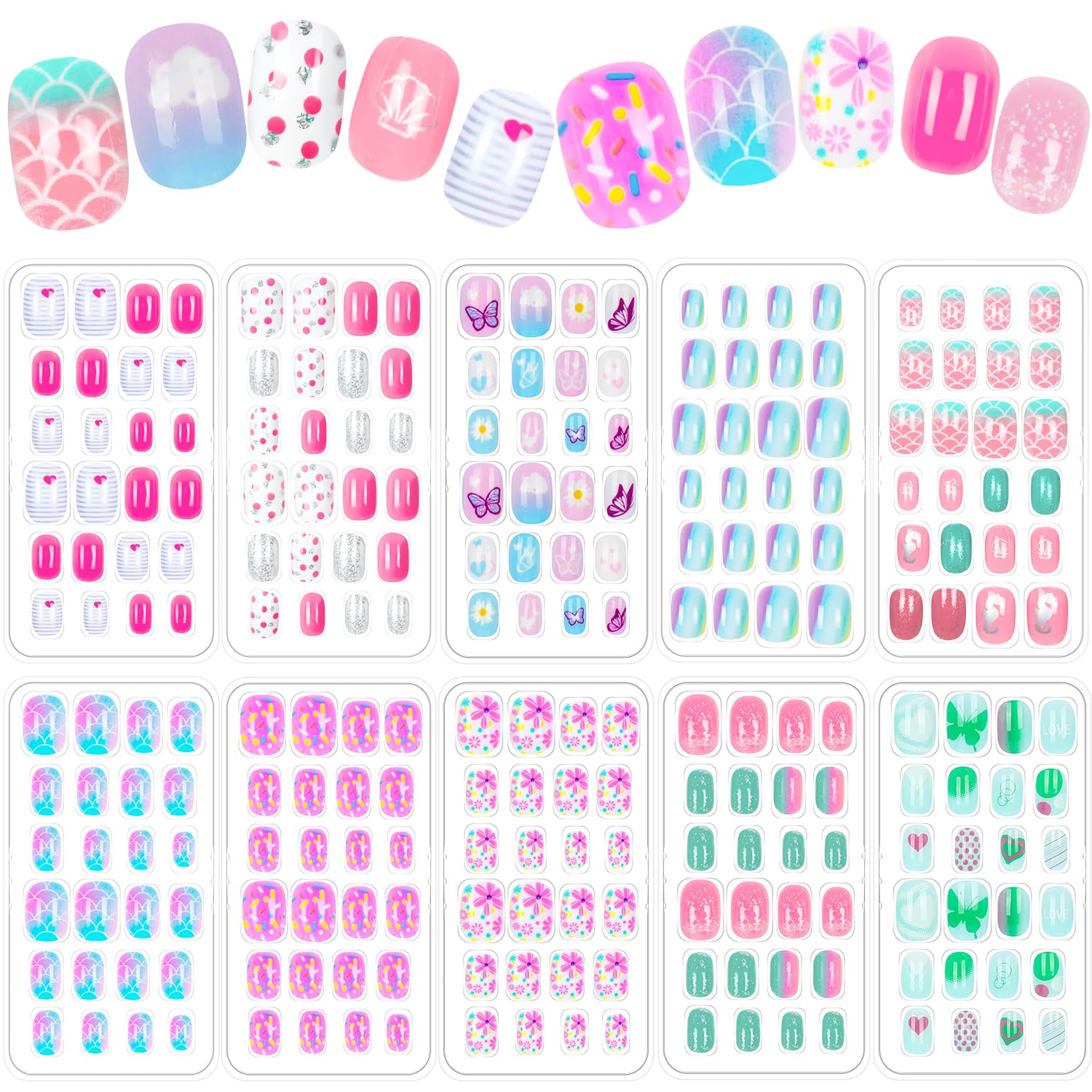 240 Pieces Fake Nails for Kids Girls Artificial Kids Press on Nails Full Cover Short Acrylic Stick On Nails False Nail Tips Kit for Children Little