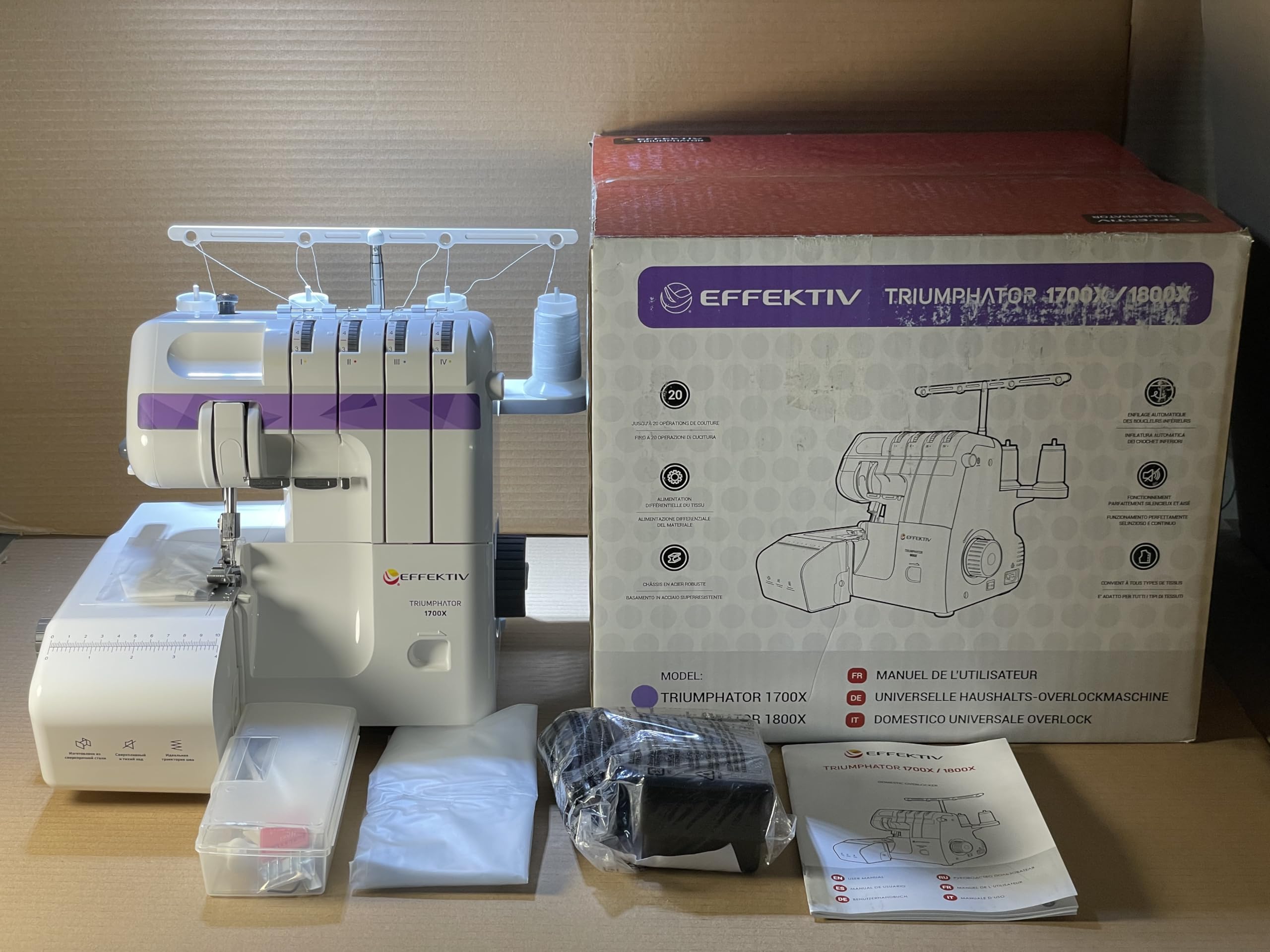 Triumphator 1700X Overlock, maszyna do szycia overlock, gwint 3/4 z mechanizmem różnicowym, pełna metalowa rama, 14 ściegów, automatyczne nawlekanie, moc 120 W - 1200 ściegów/min, pedał nożny