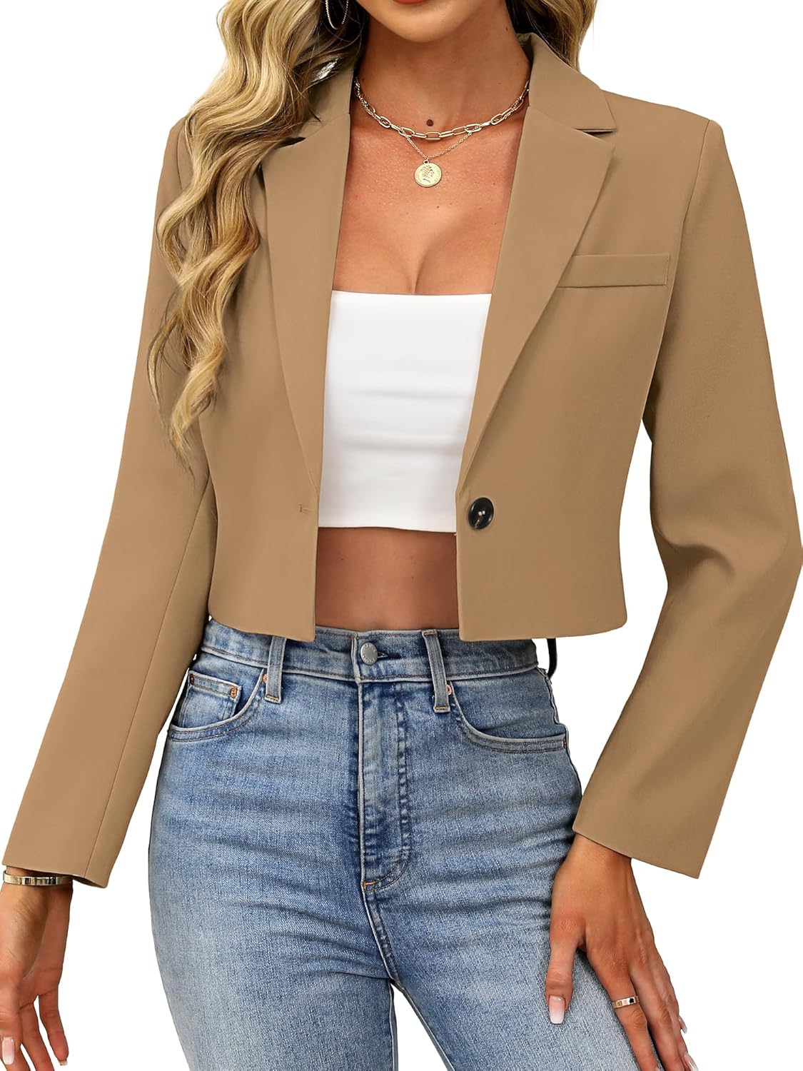 ELLEVEN Womens Cropped Blazer Business Casual Open Front Long Sleeve One Button Jacket