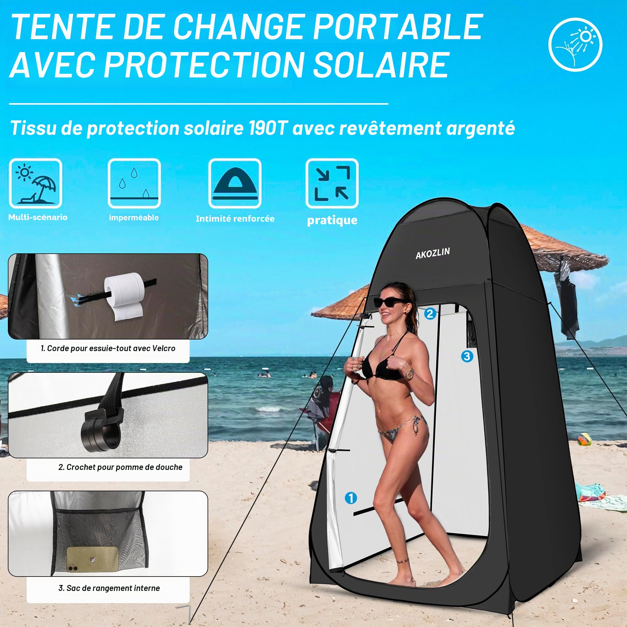 Tente de Douche Portable Pop Up, Tente de Camping, vestiaire, Noir, avec Sac de Transport,vestiaire d'intimité, Toilettes, vestiaire, activités de Plein air, Plage, Road Trip, Camping