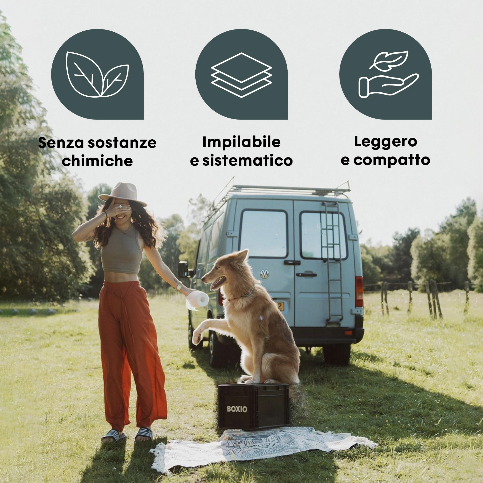 BOXIO Toilet MAX+ - Set completo di servizi igienici separatori mobili, WC compatto da campeggio, 40 x 30 x 28 cm, con rialzo per WC, 3 sacchetti, 2 lettiera di canapa, 6 clip, colore nero