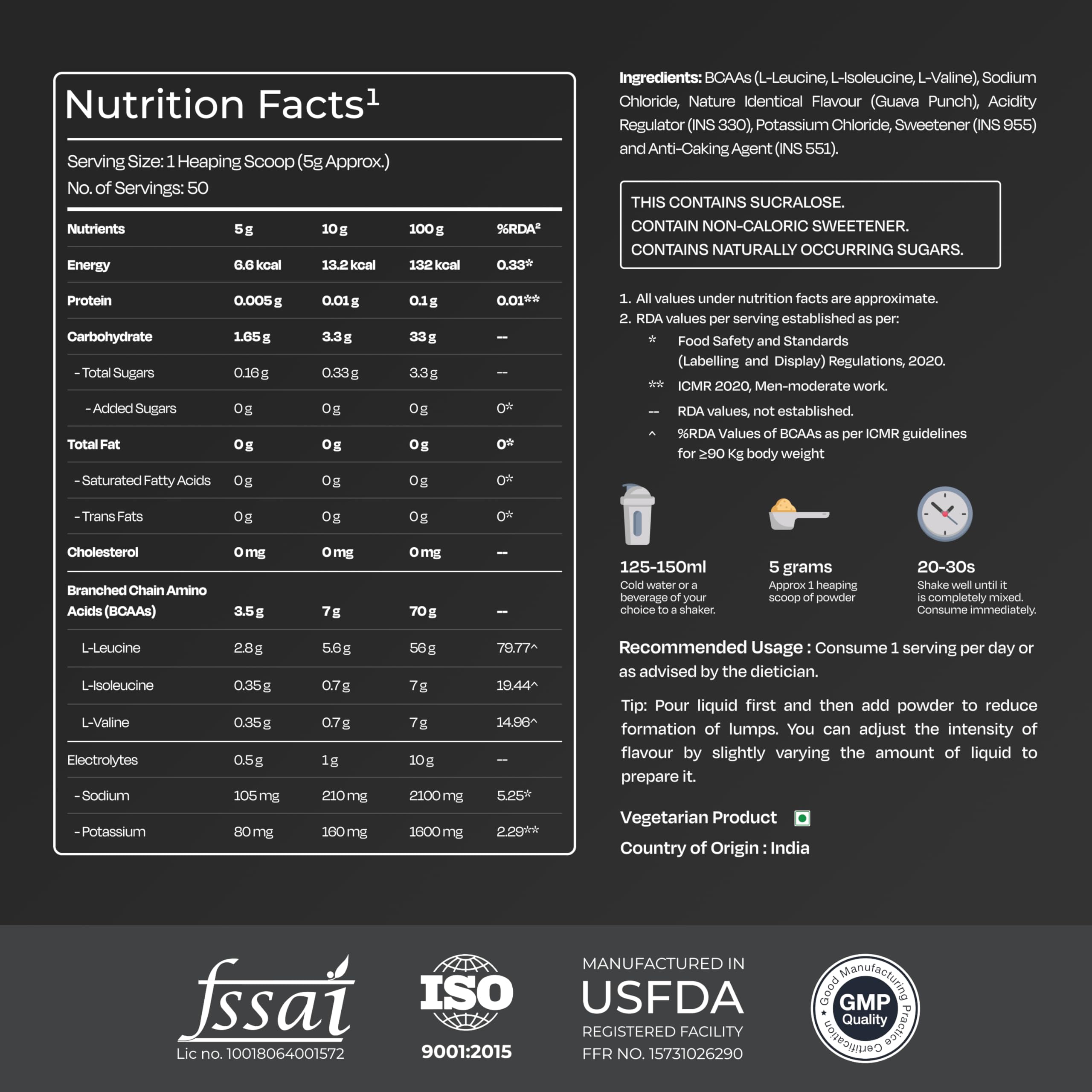 Nutrabay PRO BCAA 8:1:1 with Electrolytes 7000 mg Vegan BCAAs, 1000mg Electrolytes per Serving – Intra/Post Workout Energy Drink – Gluten & Dairy Free - 250g, Guava Punch 4