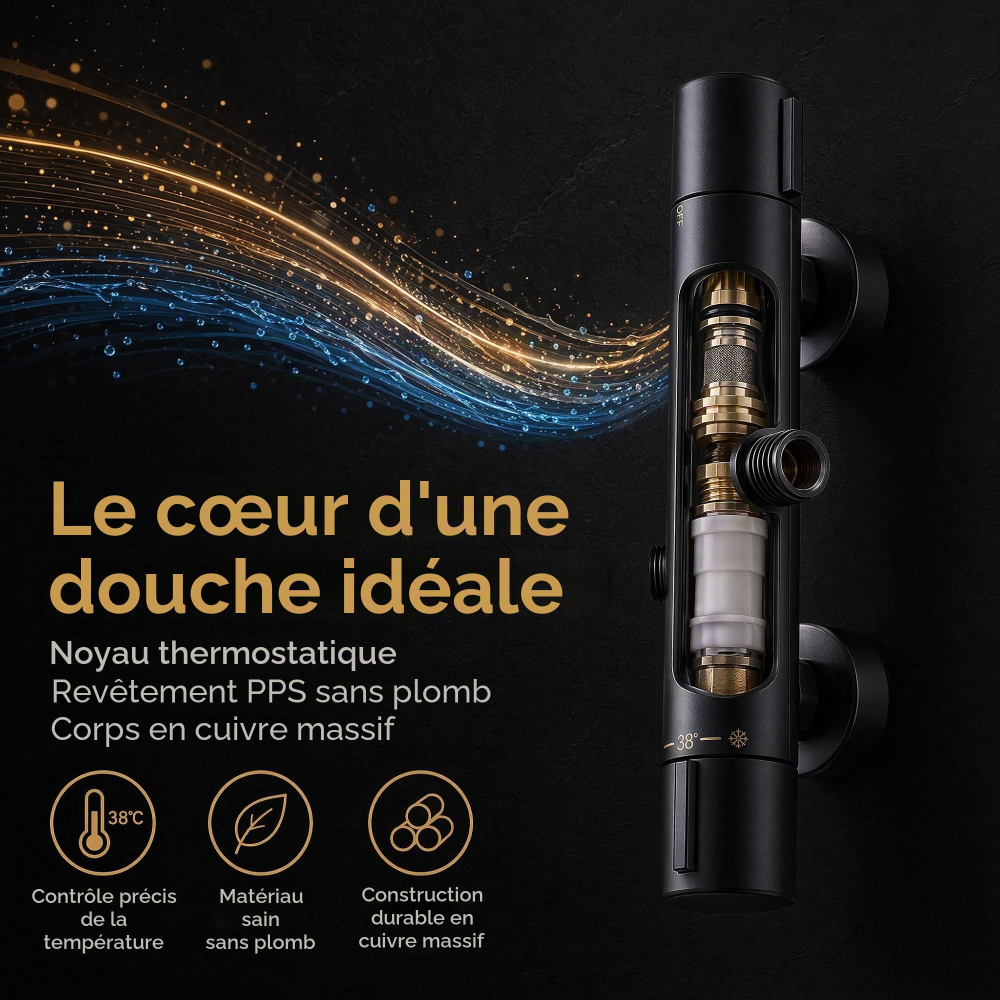 Mitigeur douche Thermostatique de Douche 38℃ Bas G1/2 Haut G3/4" BSP | Bain noir Mitigeur douche Thermostatique Robinet de Douche à Deux Sorties Robinet de Douche en Laiton Chromé