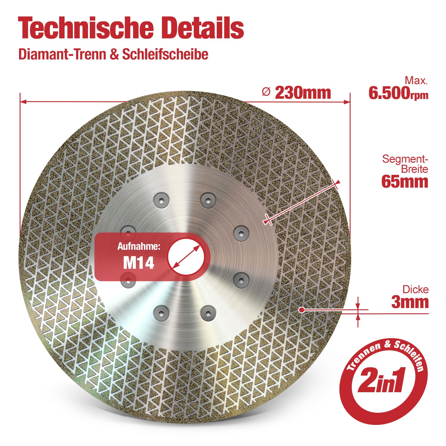 Disco diamantato 230 mm x M14 Premium 2in1 – Taglio e sbavo ad alte prestazioni per piastrelle, ceramica, gres porcellanato, granito, marmo e calcestruzzo – Per smerigliatrici