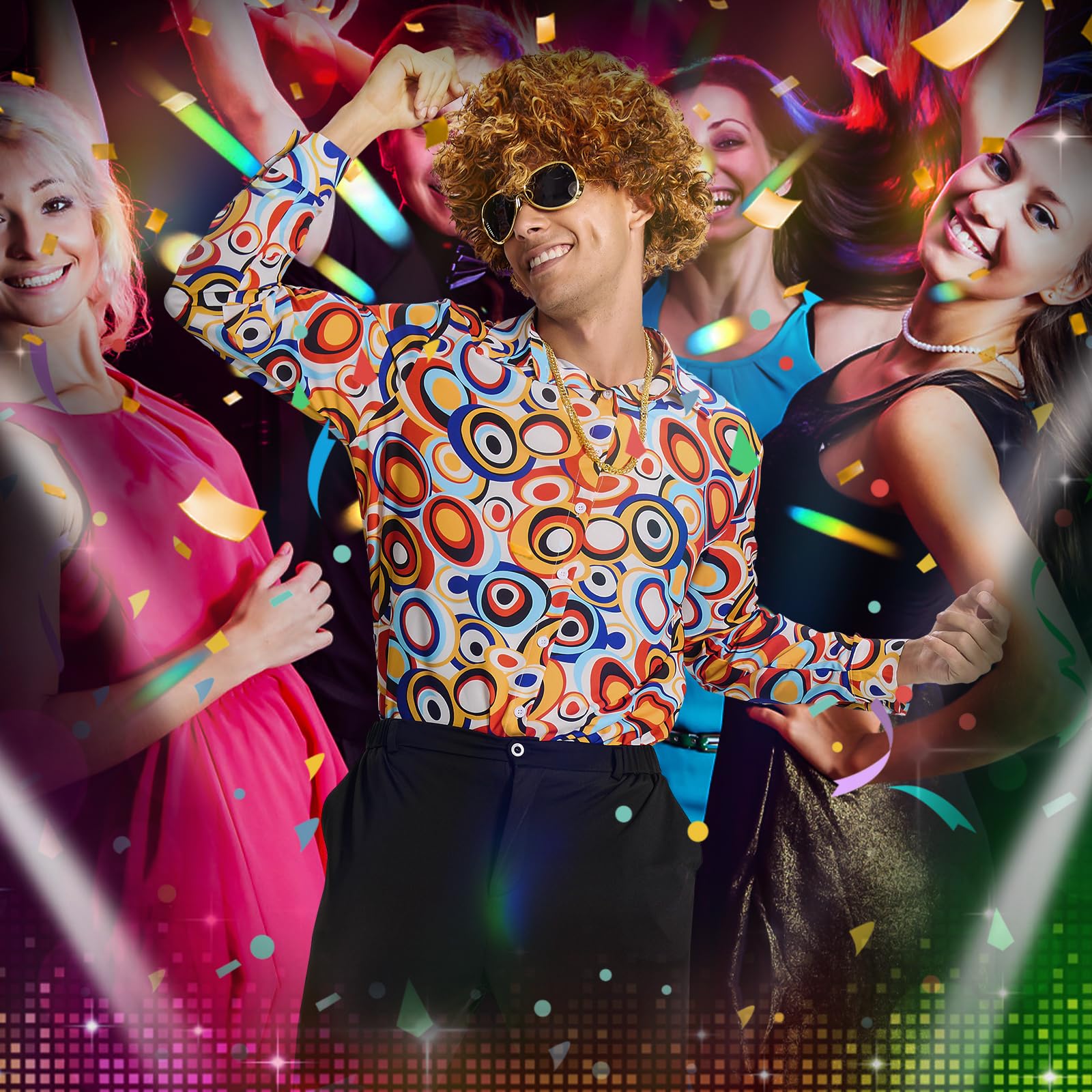 Ulikey Déguisement Année 70 Homme, Tenue Année 6070 Hommes Ensemble de Costume Rétro Hippie avec Perruque, Chemise, Pantalon à Pattes d'éléphant et Accessoires Disco pour Carnaval