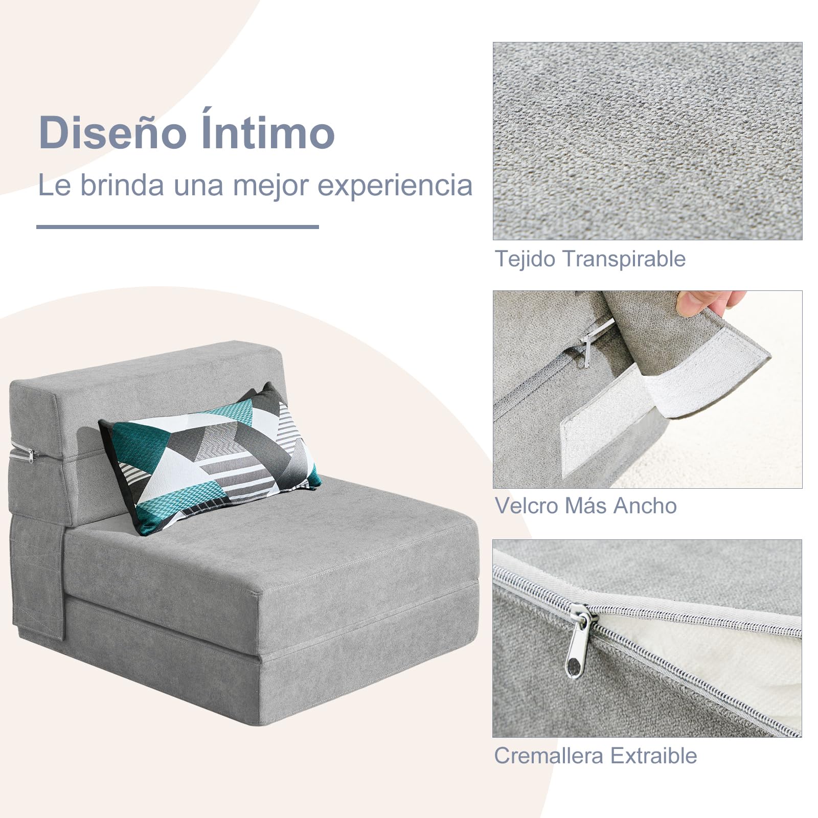 ANONER 70 x 190 cm Sillón Cama Plegable, Sofa Cama Plegable con Espuma de Memoria & Almohada, Colchón de Suelo para Yoga, Oficina, Salón, Futon Sofa Cama Portada Lavable Unos, Gris Claro