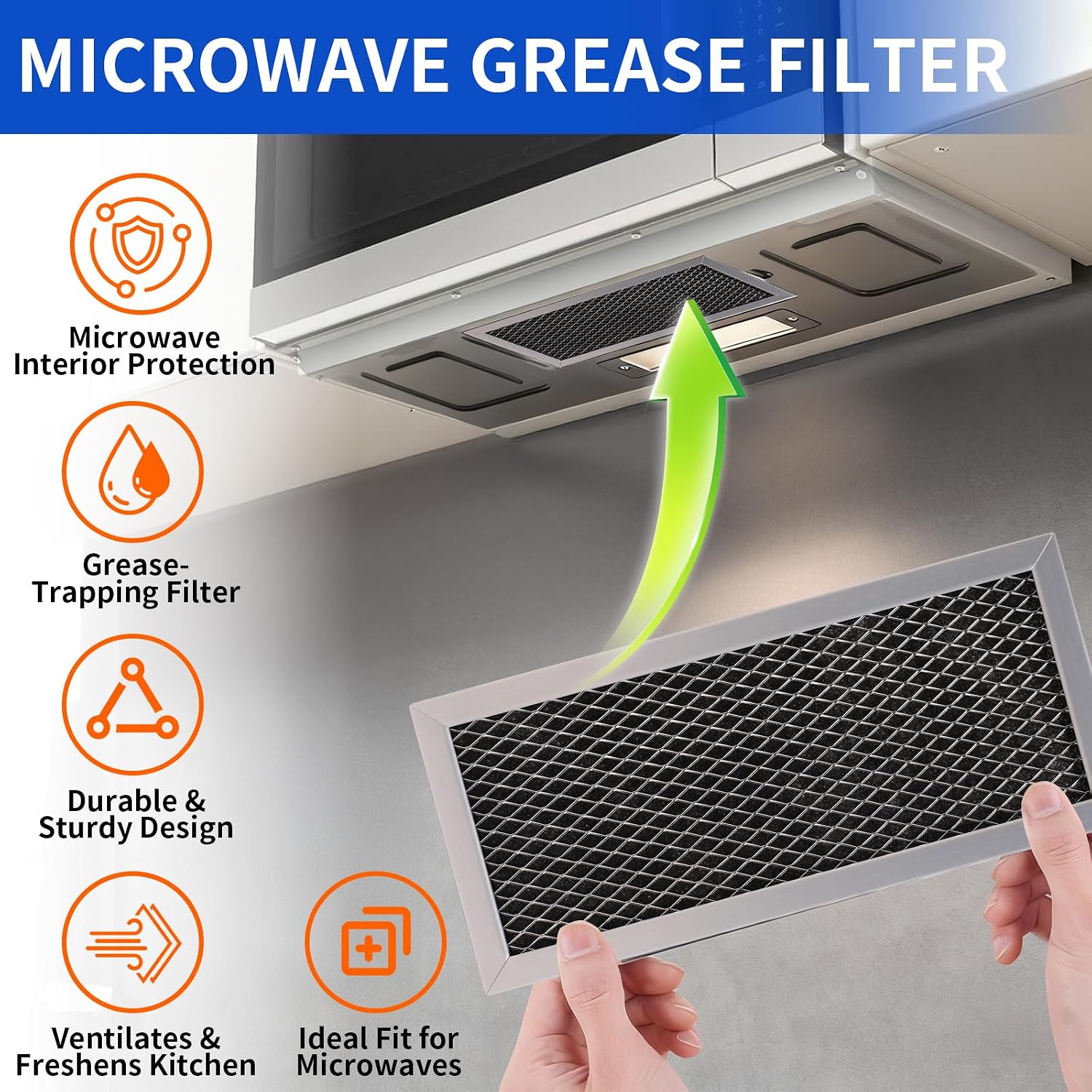 WB02X10956 Microwave Aluminum & Charcoal Recirculating Grease Filter- 8.7" x 3.9" Compatible with GE, Samsung, Frigidaire & JX81H Microwaves Replaces WB02X11544 DE63-00367D 5304453397 (2-Pack)