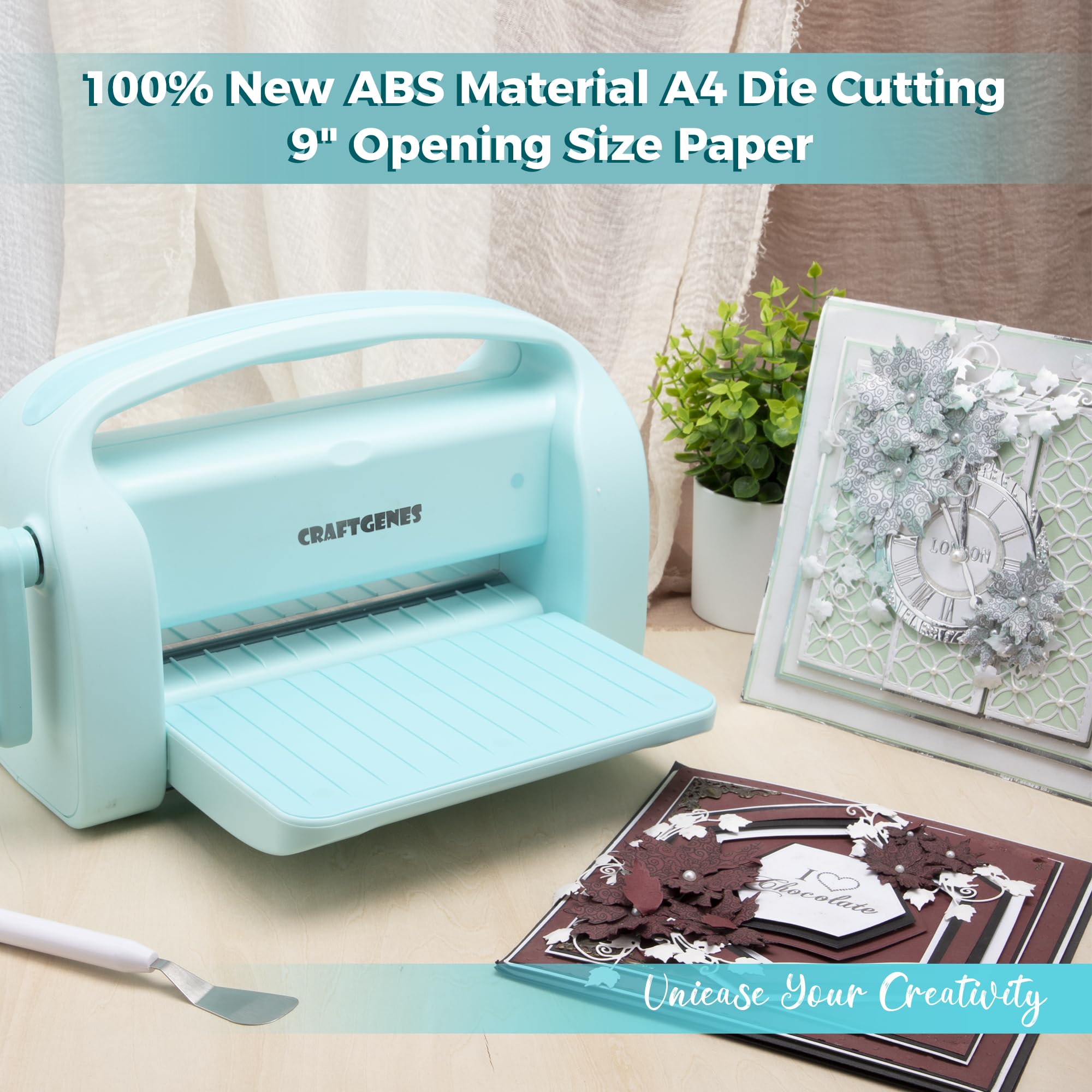 CraftGenes 9 Zoll Stanzmaschine & Prägemaschine, Manuelle A4 Stanz- und Prägemaschine mit Faltbaren Seiten, Inkl. A4 Stanzformen, Prägefolder & Platten, Ideal für Kartengestaltung, Scrapbooking & DIY