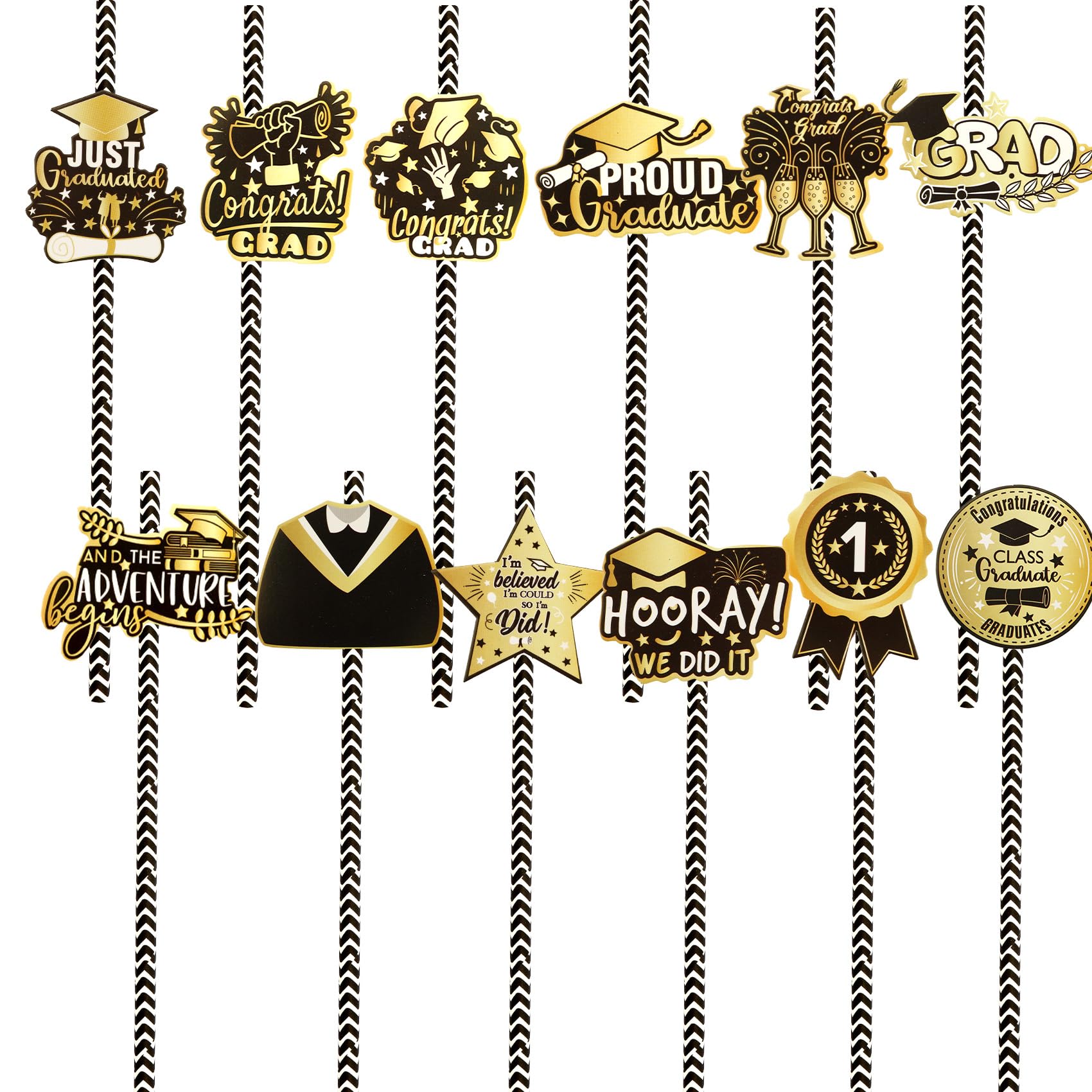 Photo 1 of **2 packs** 24 Pcs Grad Paper Straws, Class of 2026 Drinking Straws Graduation Favors Supplies Graduation Decorations 2026 Black Gold Straw Disposable Straw for Beverage School Grad Decor