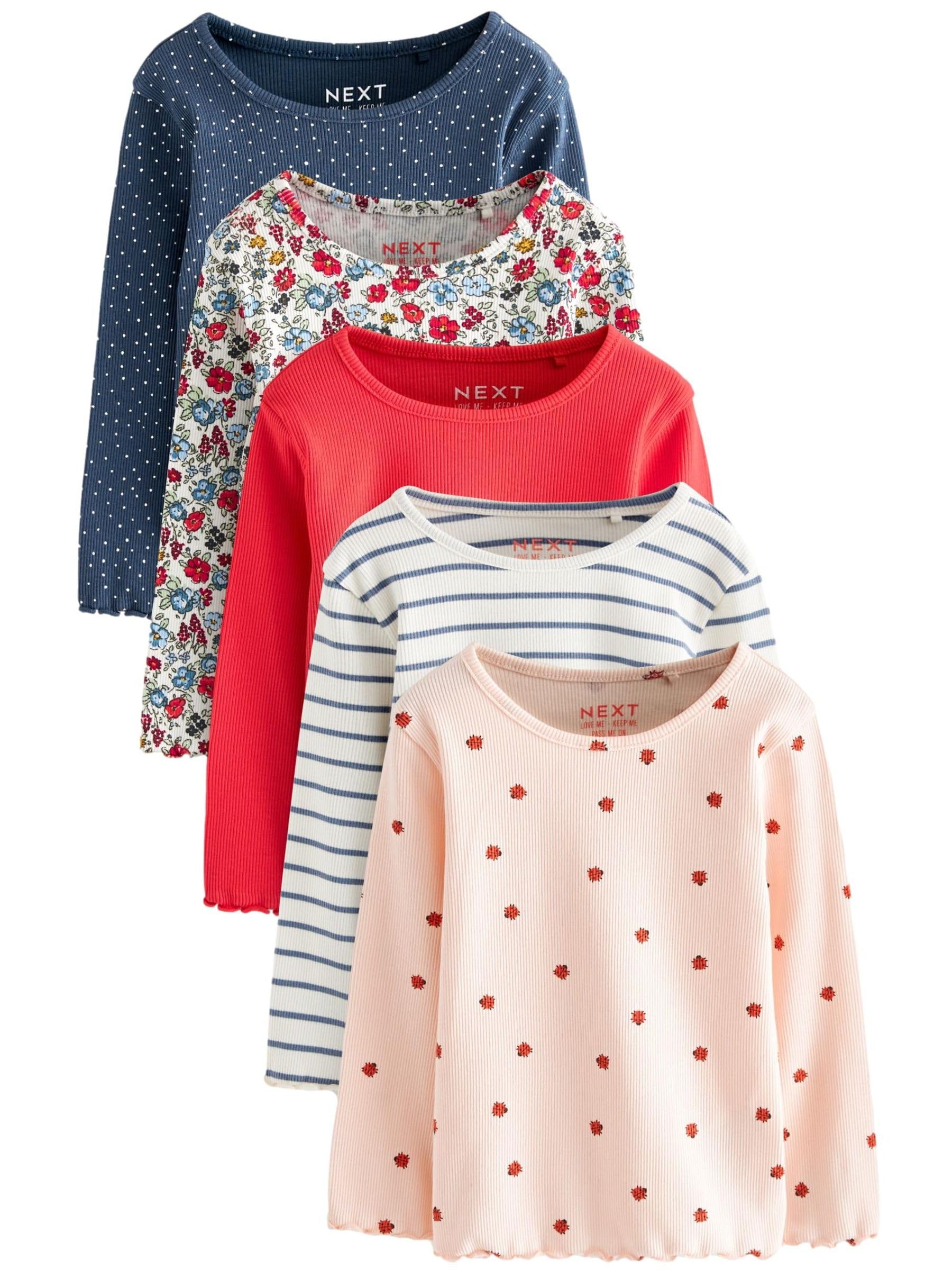 NEXT Mädchen Langärmelige, gerippte Jerseytops im 5er-Pack Marineblau 98-104