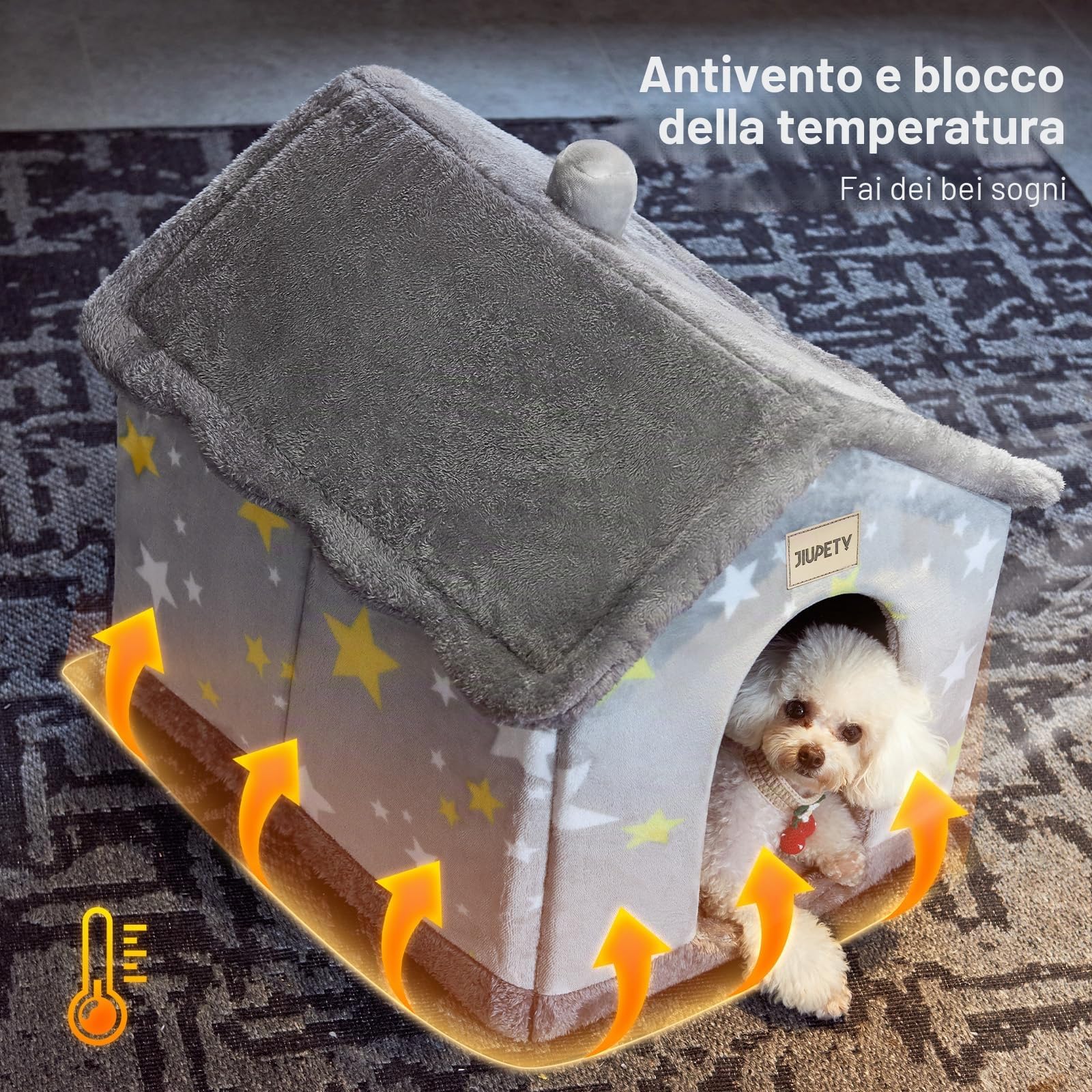 Jiupety Cuccia Cane Interno Chiusa Taglia Media con Motivo a Stella, Cuccia Pelosa per Cani da Interno Taglia L 53 x 43 x 46 CM, Dog House, Grey Star