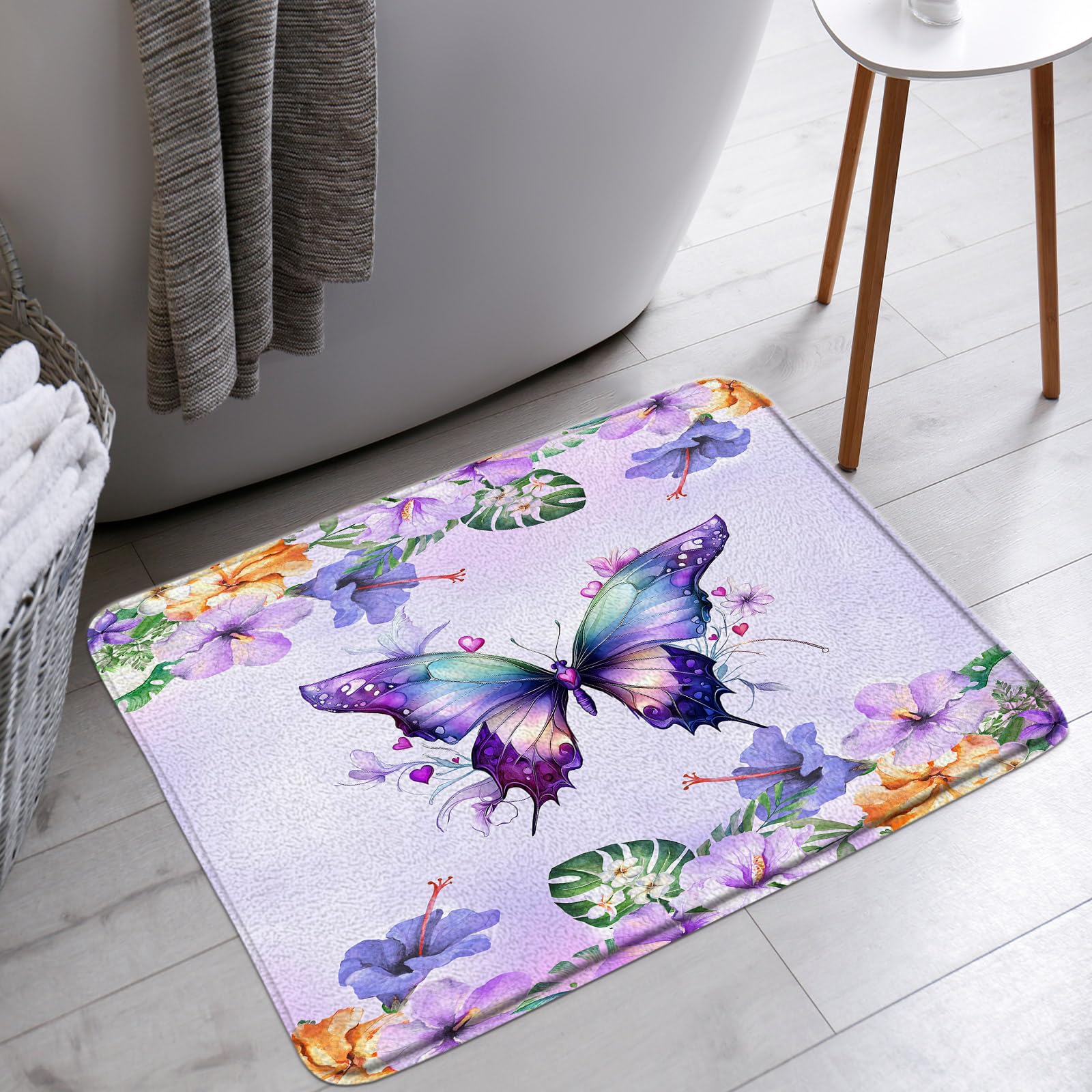 AYDSMYD Flower Butterfly Bath Mat Purple Butterfly Spring Lavender Lilac Floral Watercolor Bathroom Bathtub Floor Rugs Doormat Toilet Decor,18 x 30 in