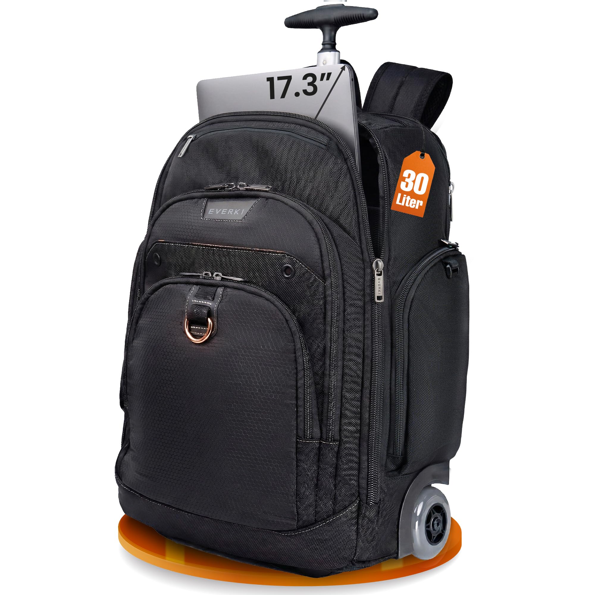 Everki Atlas Wheeled 2-Rollrucksack – 30L Business-Reiserucksack in Grau, austauschbare Rollen, RFID, Bücherfach, Schnellzugriffsfach & Laptopfach von 13–17,3" - (EKP122BG-ECO)