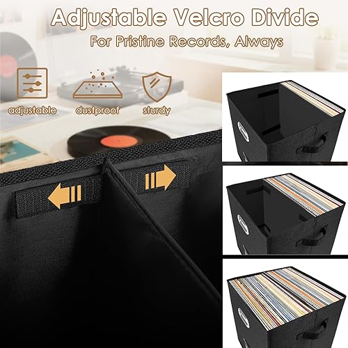 Miniatura 6 de Caja de almacenamiento de discos de vinilo para más de 50 LPs (12 pulgadas), caja de lino apilable con tapa, soporte plegable para colección de