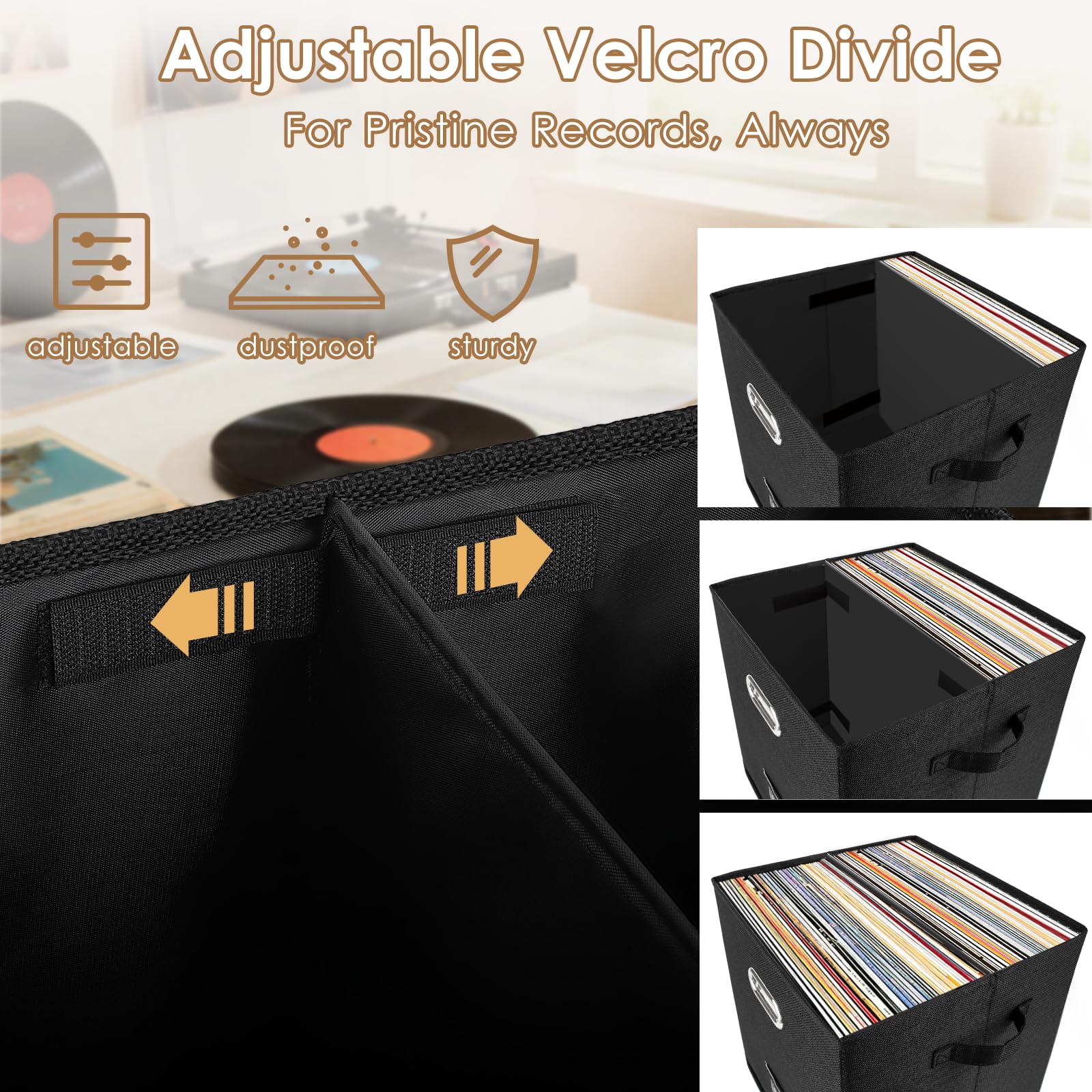 Woodoulogy Scatola nera in lino per LP in vinile, impilabile con coperchio e maniglia – Capacità 50+ dischi, organizer per album e documenti