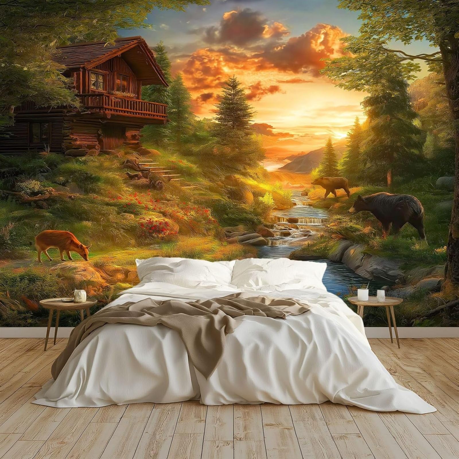 3D Effect Photo Wallpaper Hyperrealistic Forest Cabin, Multicolor Wall Mural Non-woven Wall for Living Room Bedroom Children's Room TV Background Modern Wall Decoration, 400cm x 280cm Stickers - Frame