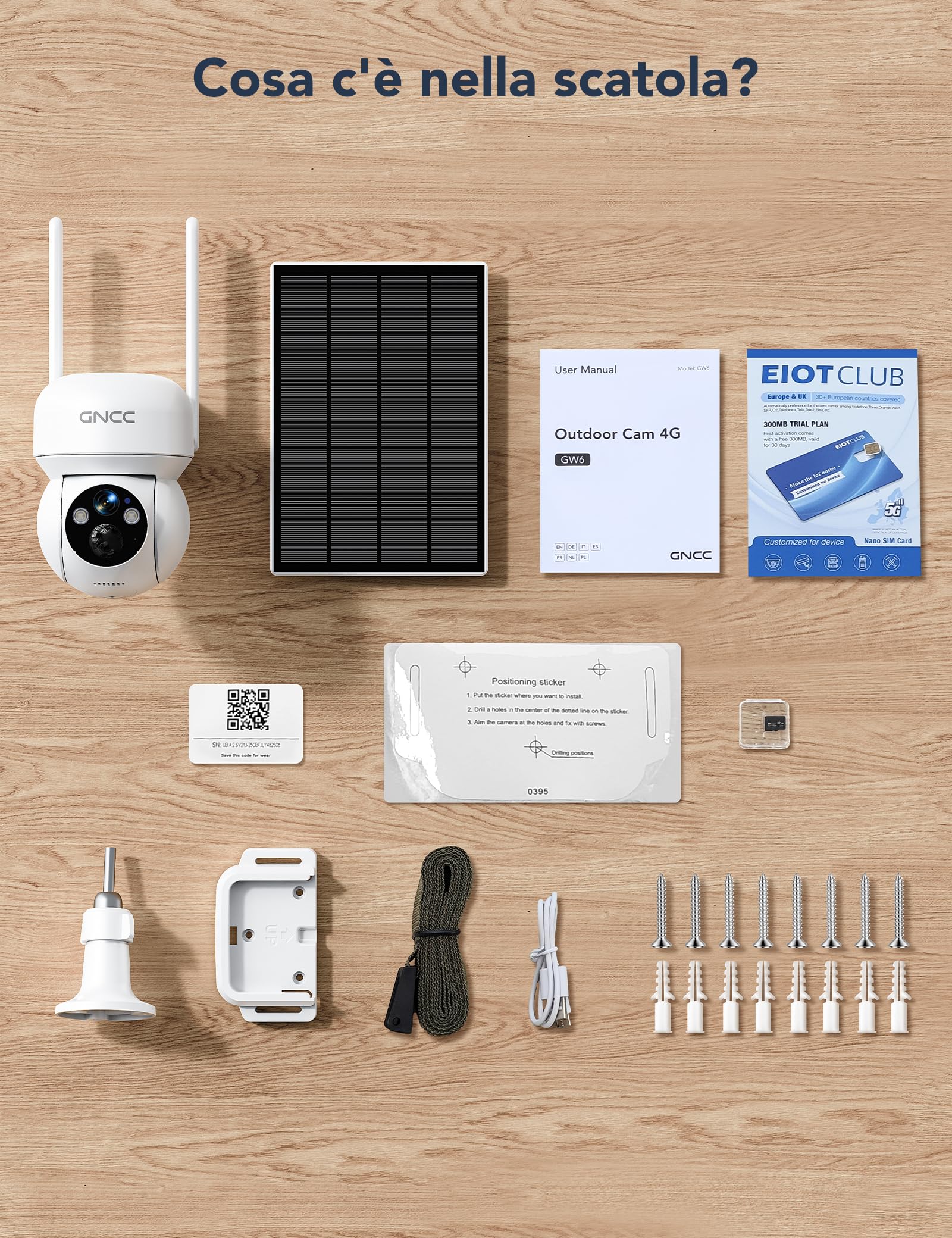 GNCC 4G LTE Telecamera Esterno Solare con SIM, Rilevamento del Movimento | 2K 3MP Telecamera Senza Fili con 7800mAh Batterie e SD Card, Audio Bidirezionale, Visione Notturna a Colori, IP65, 336°/90°