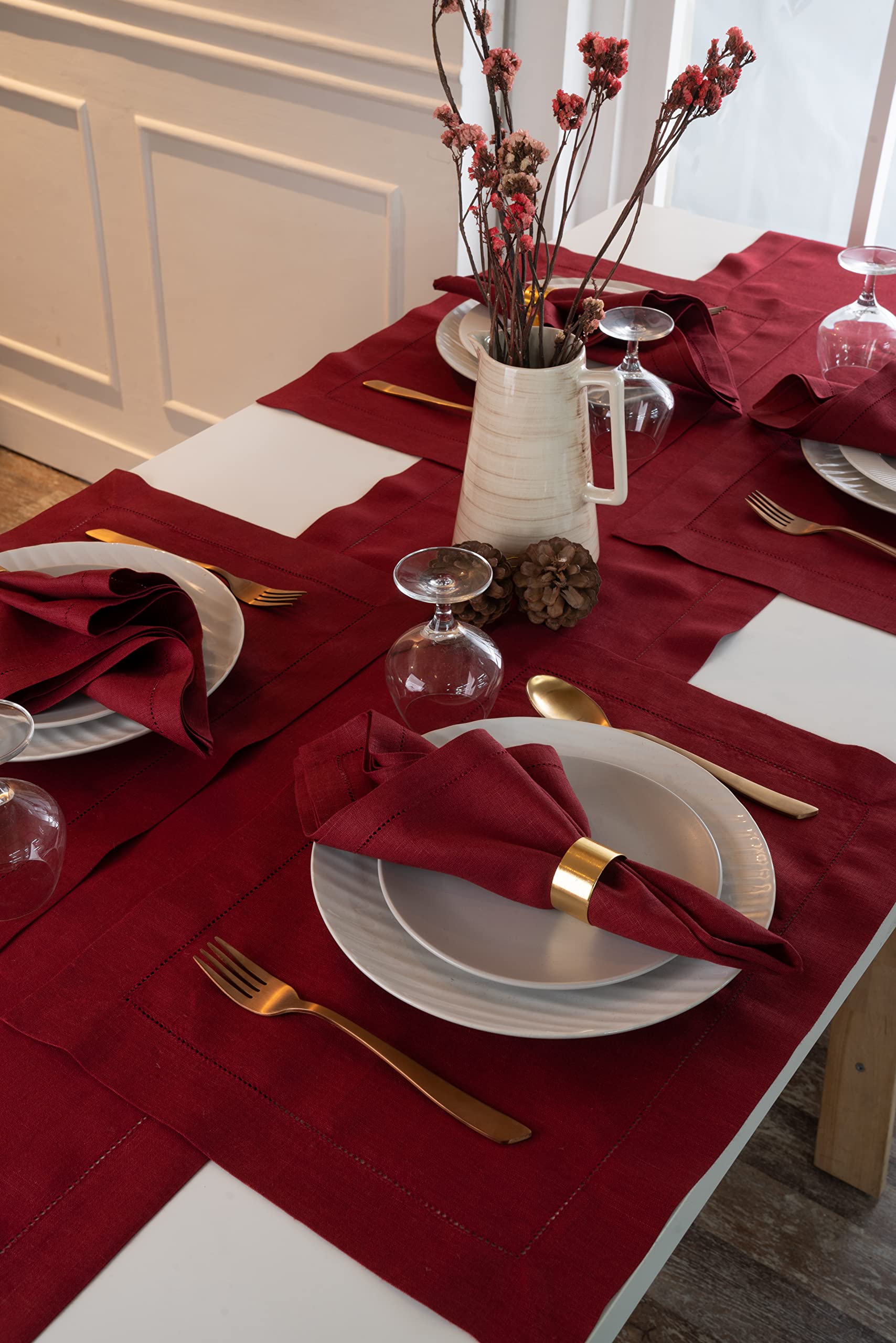 D'Moksha Homes Linen Table Runner - 14 x 72 Inch, 100% Pure Linen, Classic Hemstitch, Dark Red, Machine Washable Farmhouse Style - Image 3
