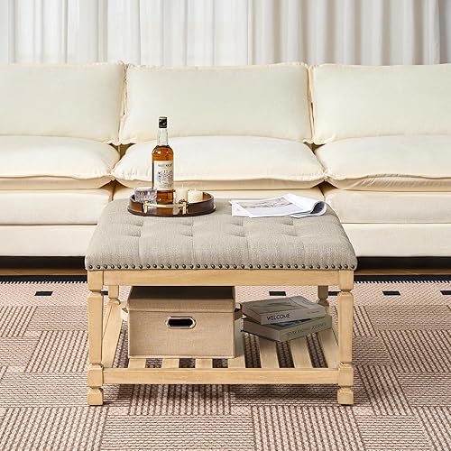 Miniatura 4 de Mesa de centro otomana cuadrada grande, reposapiés tapizado sólido de lino con estante de madera maciza, mesa de centro copetuda para dormitorio,