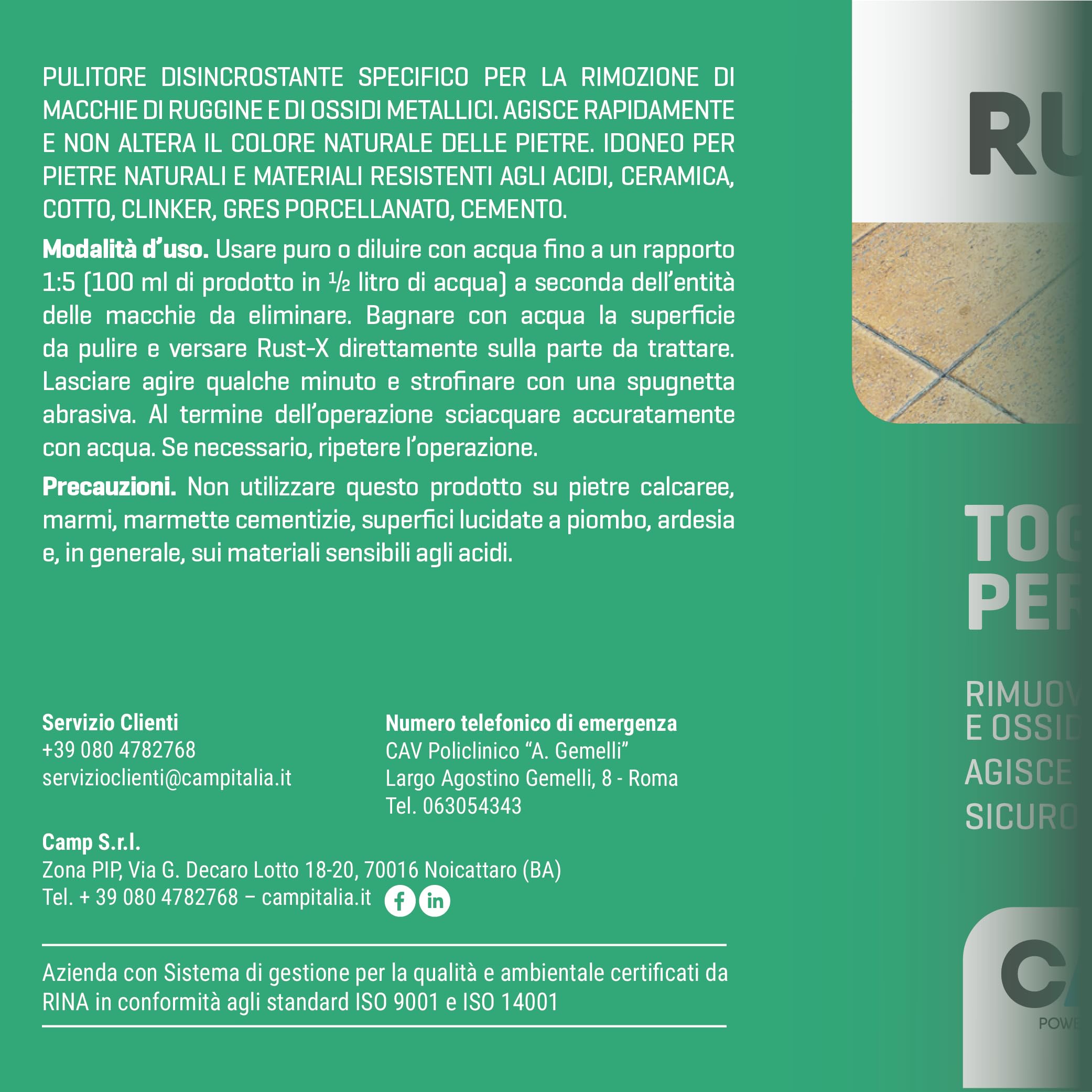 CAMP Rust X - Togliruggine per Pavimenti e Rivestimenti, Antiruggine ad Azione Rapida Ideale per Gran Parte delle Superfici - Elimina Ruggine, Ossidazioni e Incrostazioni Senza Lasciare Aloni, 300 ml