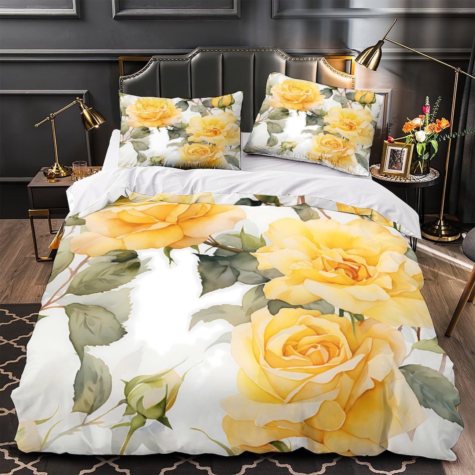 Housse de couette roses jaunes 135x200 microfibre lit simple