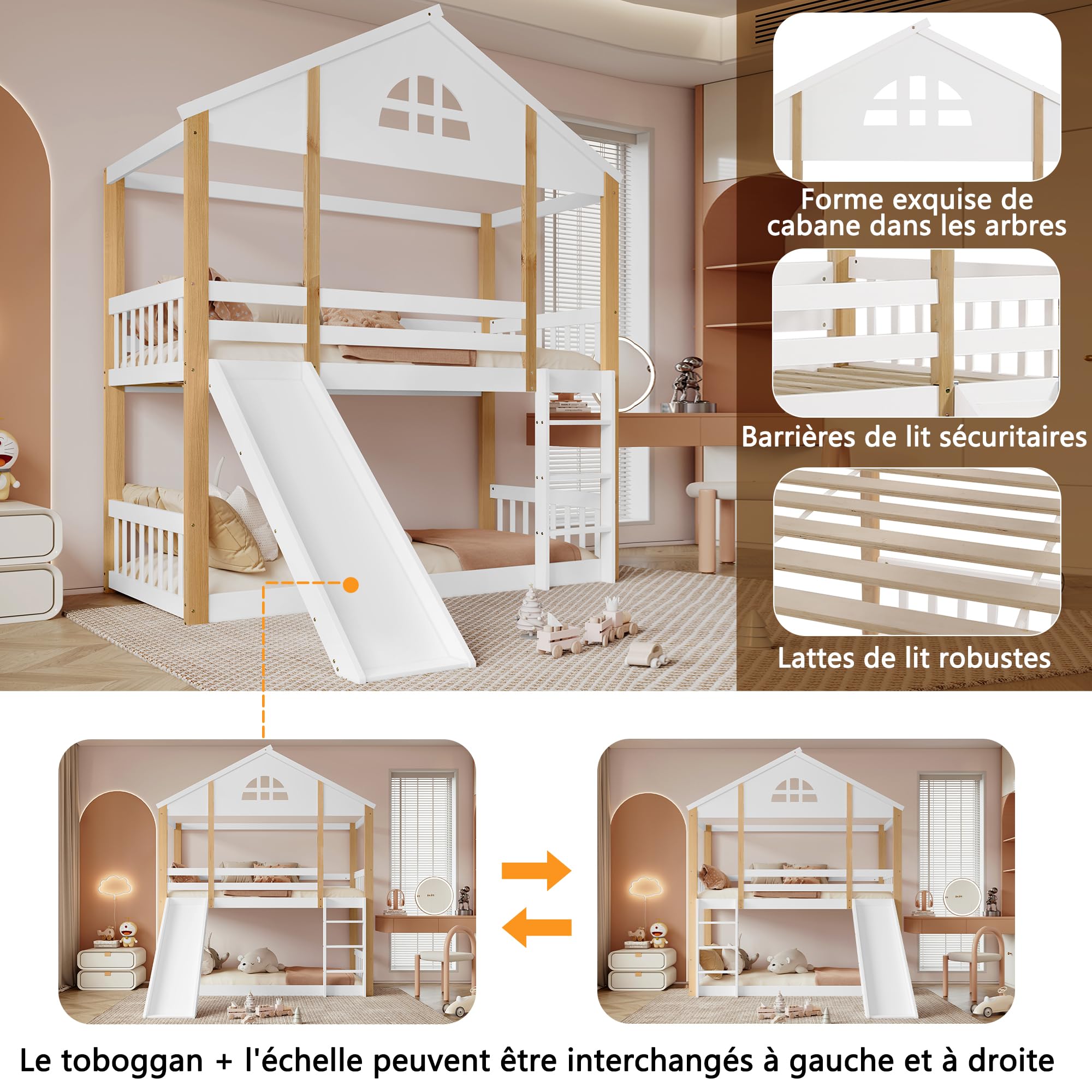 Soweiz Litera Infantil con Tobogán y Escalera, Cama Alta Casa de Madera, 90x200 cm