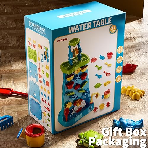 Miniatura 6 de Mesa de agua para niños pequeños de 1 a 3 años de 4 a 8 años, pared de descubrimiento de cascada de doble cara con rico juego de actividades,