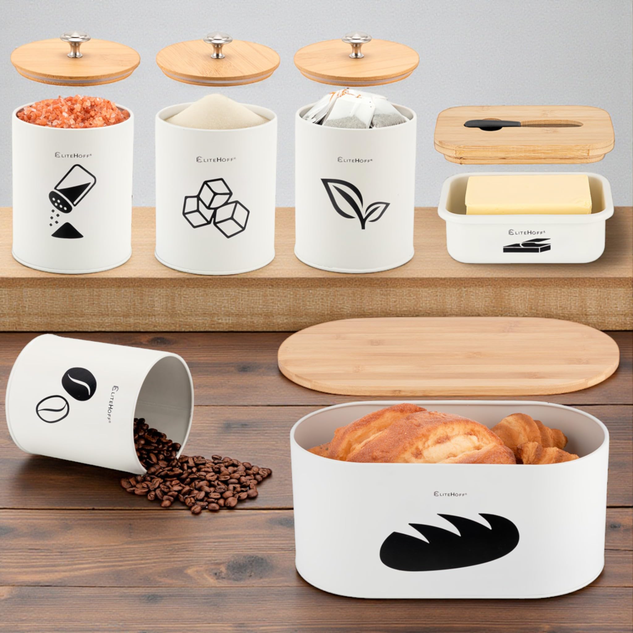 EliteHoff Brotkasten mit Schneidebrett + Vorratsdosen 4er Set (Kaffeedose Teedose Zuckerdose Salzdose) und Butterdose mit Messer - Brotbox aus Metall mit Bambusdeckel, 34x18x16 cm (Beige)