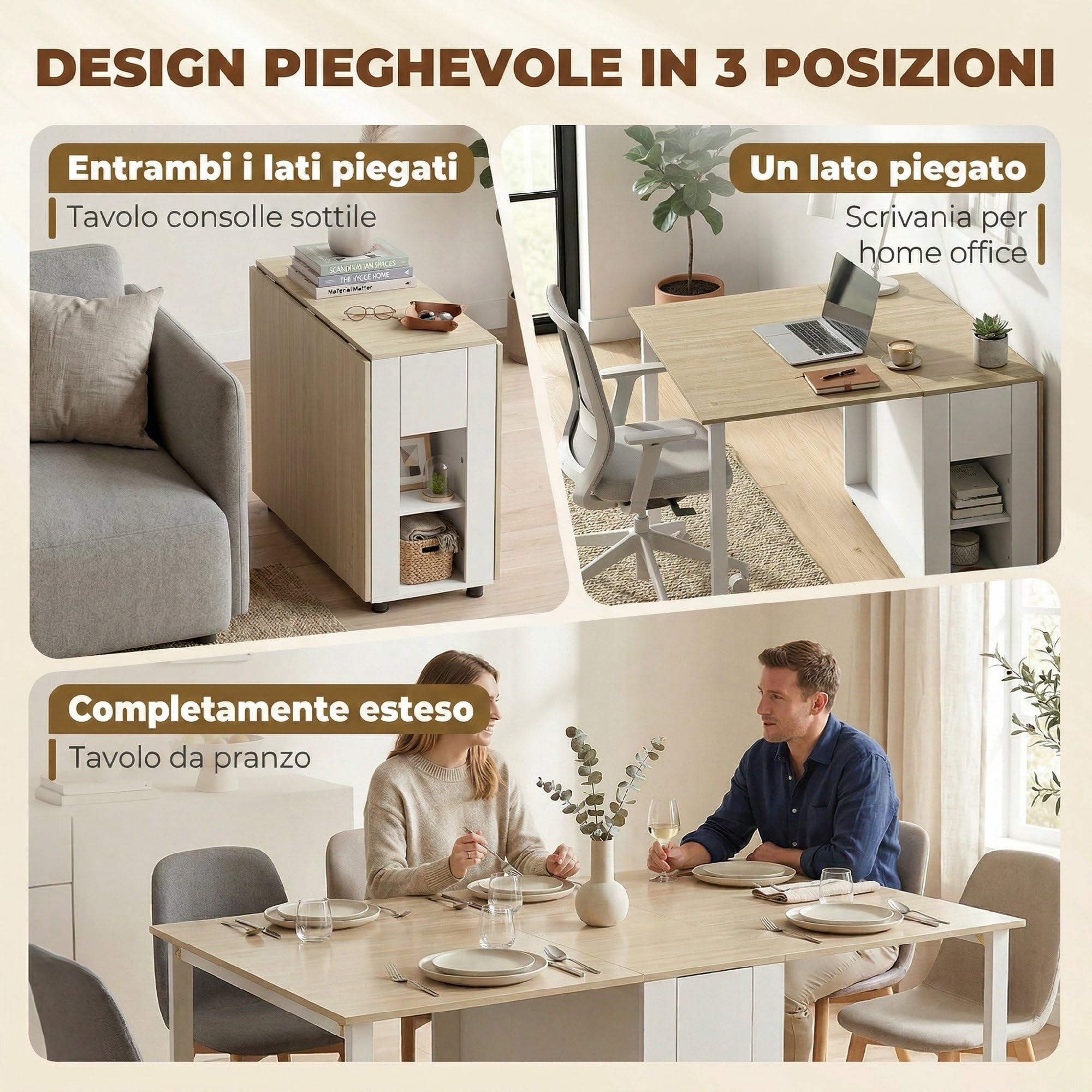 HOMCOM Tavolo da Pranzo Pieghevole per 6 Persone, 39-168x85cm Tavolo Cucina a Ribalta con Piano Grande, Gambe in Legno di Pino, 2 Cassetti e 4 Ripiani, Salvaspazio per Soggiorno, Color Legno e Bianco
