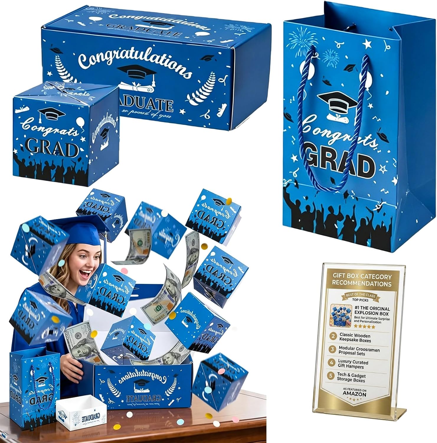 2026 Graduation Explosion Pop Gift Box,DIY Surprise Amazing Bounce Cash Holder for Party,Folding Paper Bank Red Envelope Cards Presents,Up Money Secret Bag,Exploding Grad Ideas,Cajas Sorpresa Sets (Blue-20-Tier)