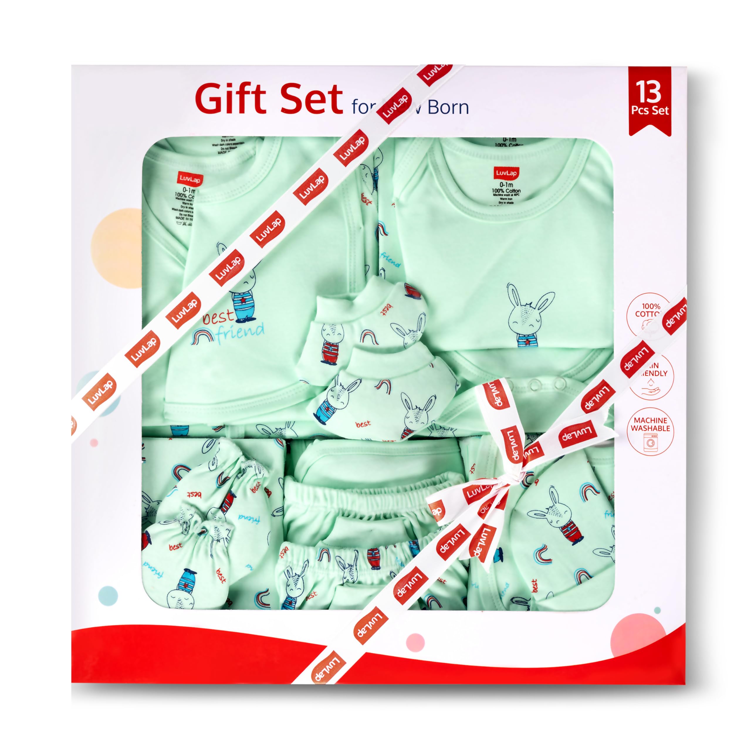 LuvLap Newborn Baby Gift Set of 13, 2 Half Sleeve Jhabla, 2 Rompers, 2 Pyjama, Cap, Mittens, Socks, a washcloth, a Hooded Wrapper, 2 Bibs, Soft Skin Friendly Baby Clothes Set 0-3 Months, Sea Green-image-36