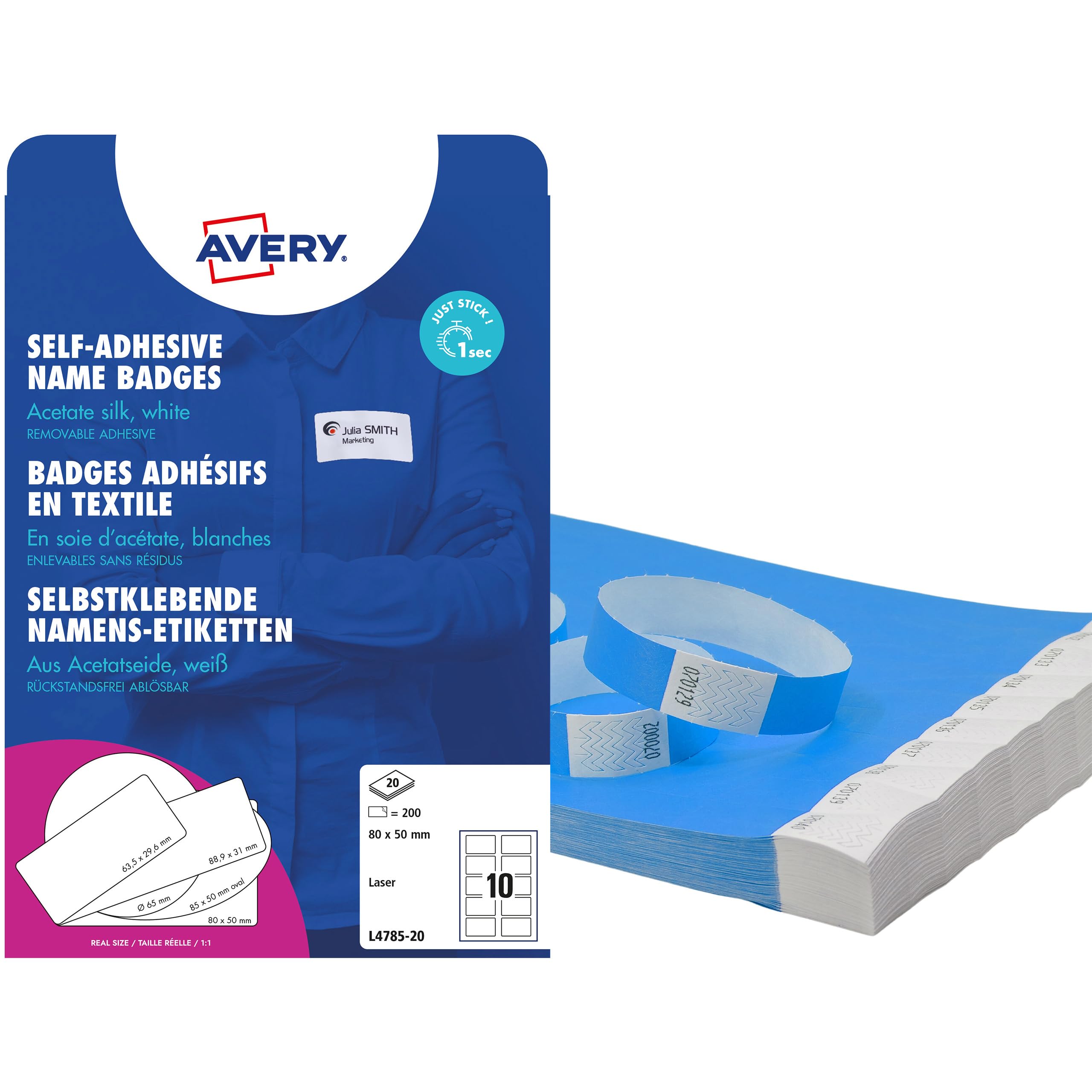 AVERY Zweckform L4785-20 Namensetiketten 200 Stück (80x50mm, bedruckbar) weiß & TYVBL-50 Einlassbänder Tyvek 500 Stück (256x19mm, fortlaufend nummeriert, reiß- & wasserfest, Klebeverschluss) neonblau
